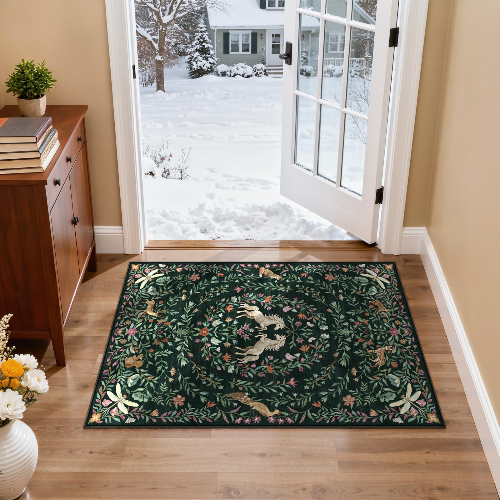 STARUIA Entryway Rug 2x3 Clearance - Door Mat Indoor Entrance Washable Rug, Vintage Animal Unicorn Floral Small Non-Slip Low Pile Throw Rugs for