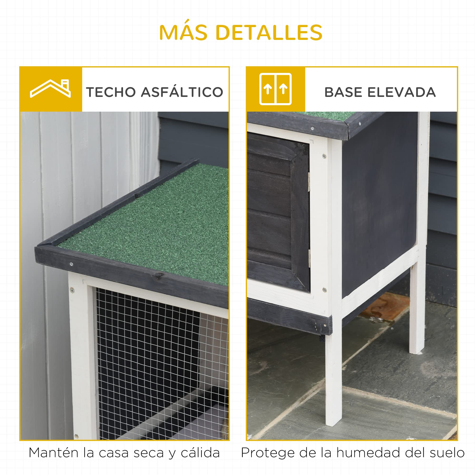PawHut Conejera de Madera Exterior Jaula Elevada para Conejos Cobayas Animales Pequeños con Techo Asfáltico Abatible Bandejas Extraíbles y Puerta con Pestillo 90x45x65 cm Gris Oscuro