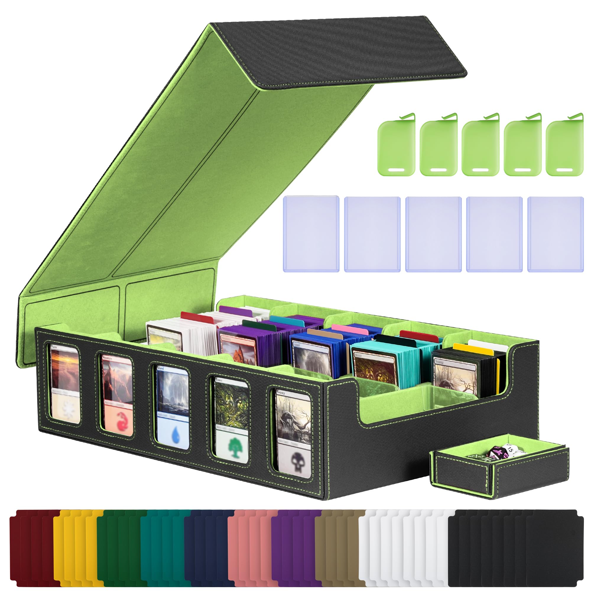 Kabinka Card Storage Box with Commander Display, 5-Row Deck Case with Removable Lid; 3900+ Card Deck Box for MTG Sports Cards, 5 Toploaders, 5 Stoppers, 48 Dividers,1 Dice Tray (Black & Lemon Green) — image 1