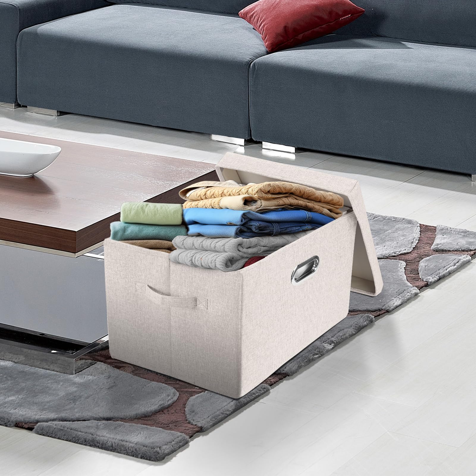 TYEERS Grandes Cajas de Almacenaje con Tapa, Tela, Lavable, Cajas Organizadoras, 44x30x29 cm, Juego de 5, Beige