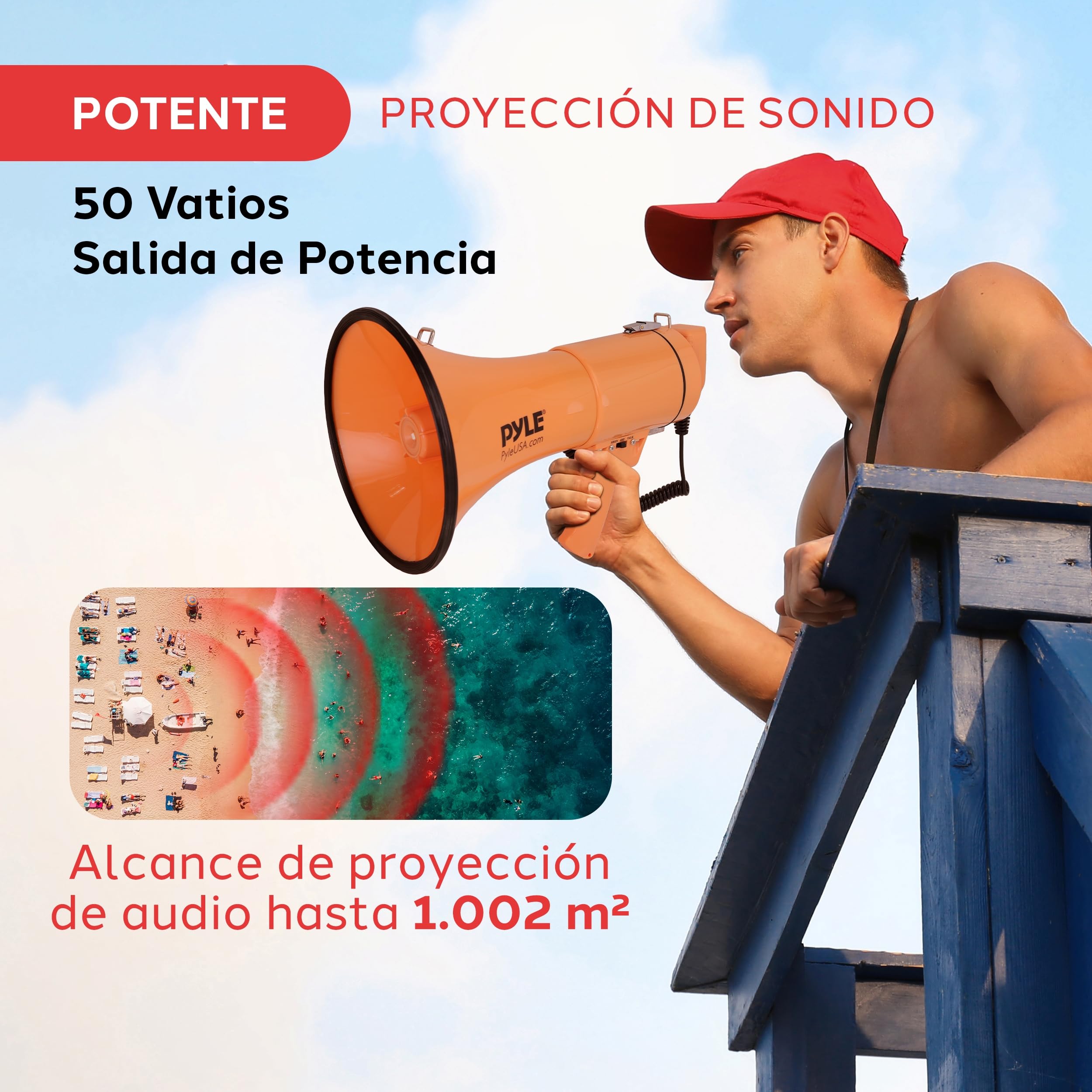 Pyle megafono, Altavoz, Portatil, 50V, Volumen Ajustable, Sirena, Correa para el Hombro, Entrada AUX, Compacto, Ideal para anuncios, Eventos, Deportes y mas