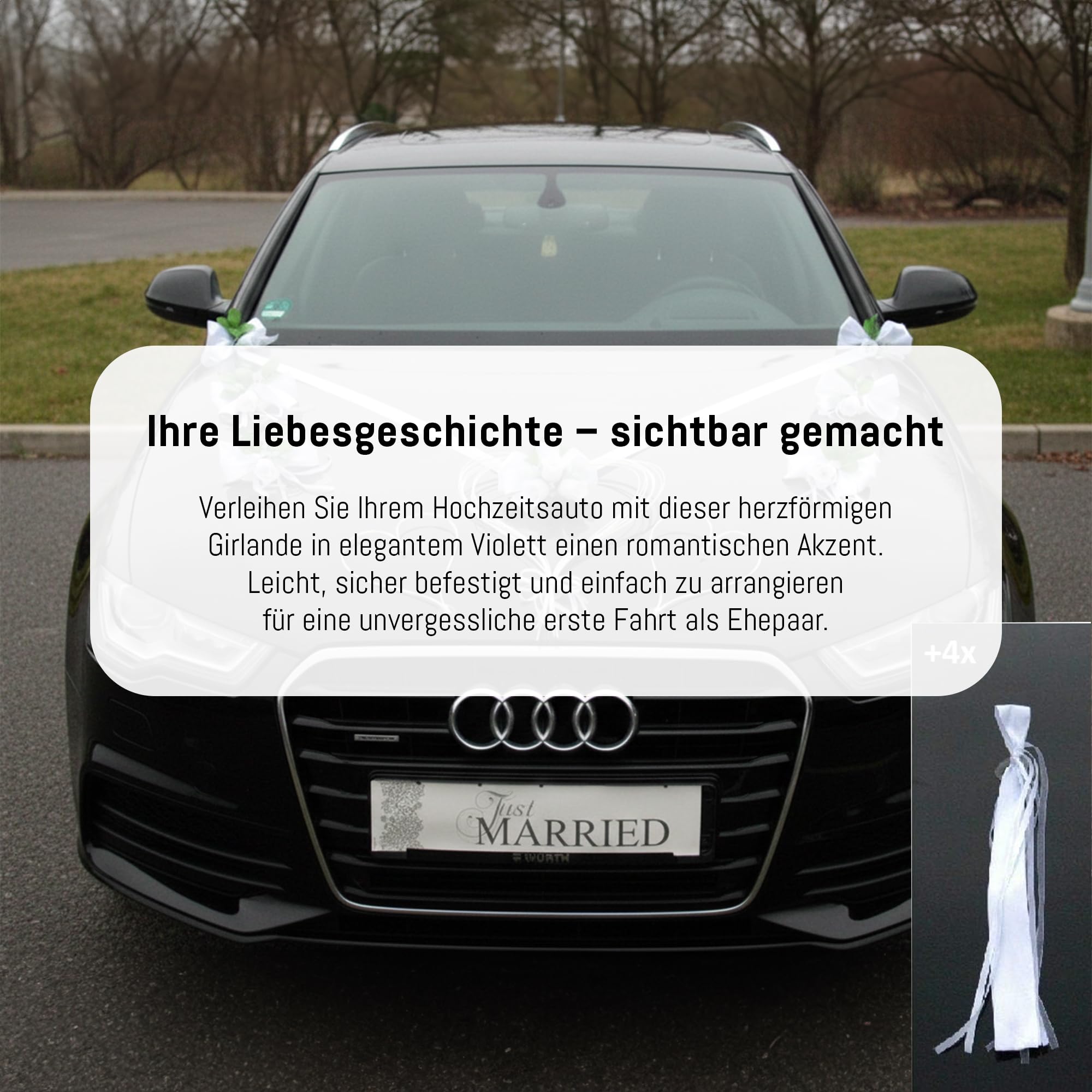 Autoschmuck Décoration de mariage pour voiture - En forme de cœur - Pour couple de mariée - En organza - Guirlande de voiture - Blanc pur