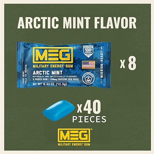 Miniatura 2 de MEG - Goma de mascar de energía militar  100 mg de cafeína por pieza + aumenta la energía + aumenta el rendimiento físico + paquete de 8 unidades de