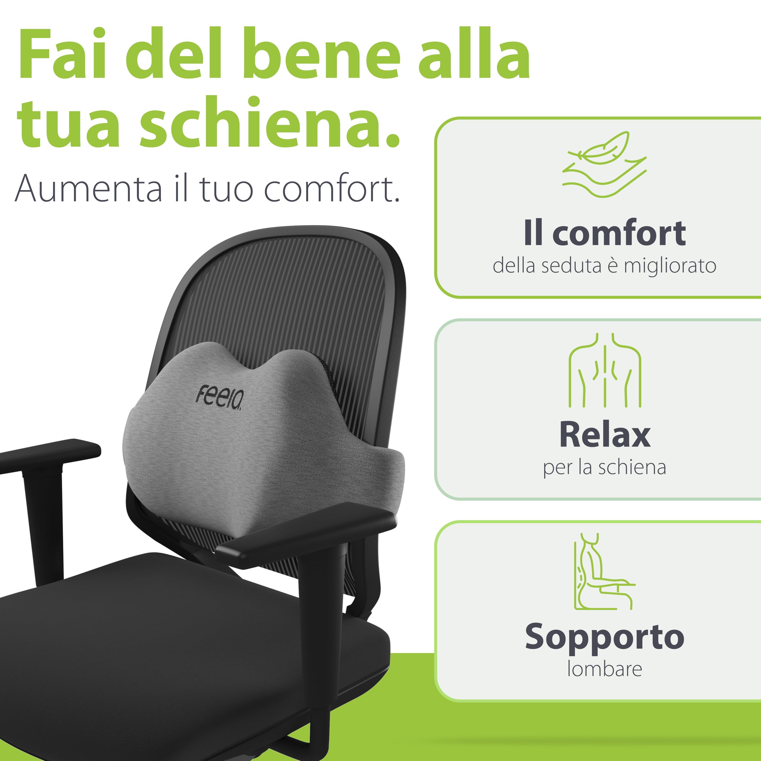 feela.® Cuscino schiena ergonomico per sedia da ufficio | cuscino lombare come cuscino per sedia per casa, ufficio o supporto per la schiena in casa ufficio (Grigio Scuro)
