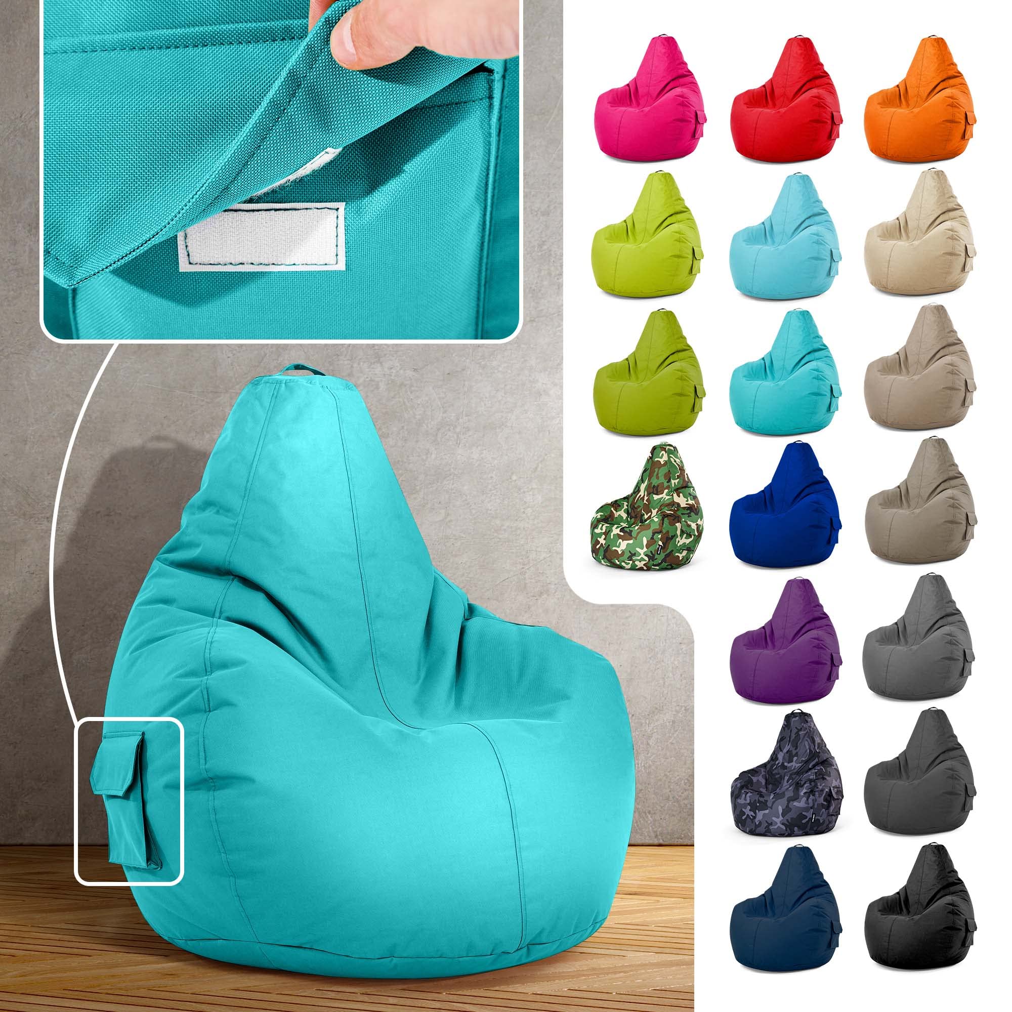 Green Bean Sitzsack Cozy mit Rückenlehne 80x70x90cm Gaming Chair 230L EPS-Perlen Füllung Waschbar Wetterfest Aquamarin