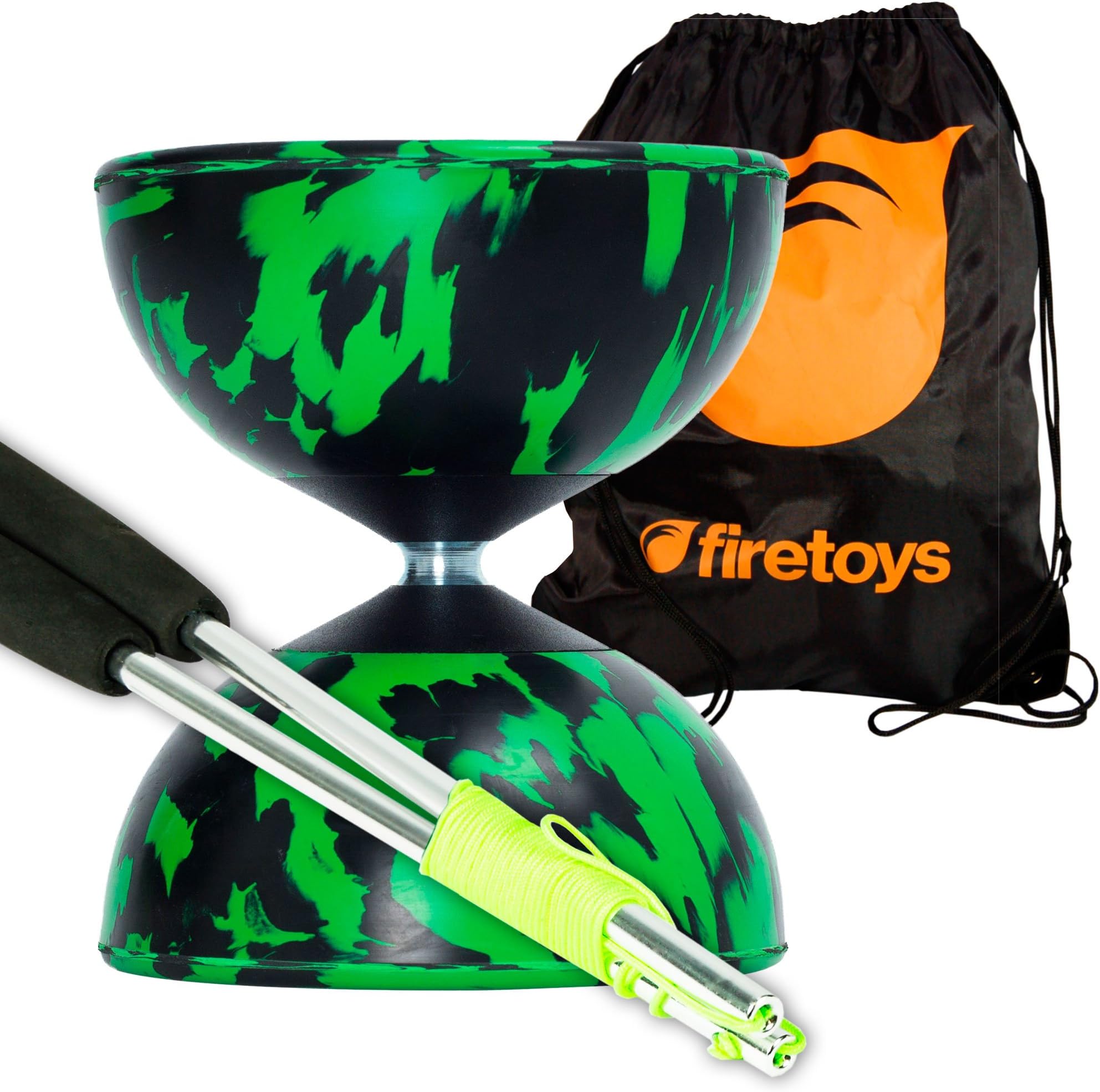 Harlequin Diabolos Set, Metal Diabolo Sticks, Diablo String & Bag (Green & Black)