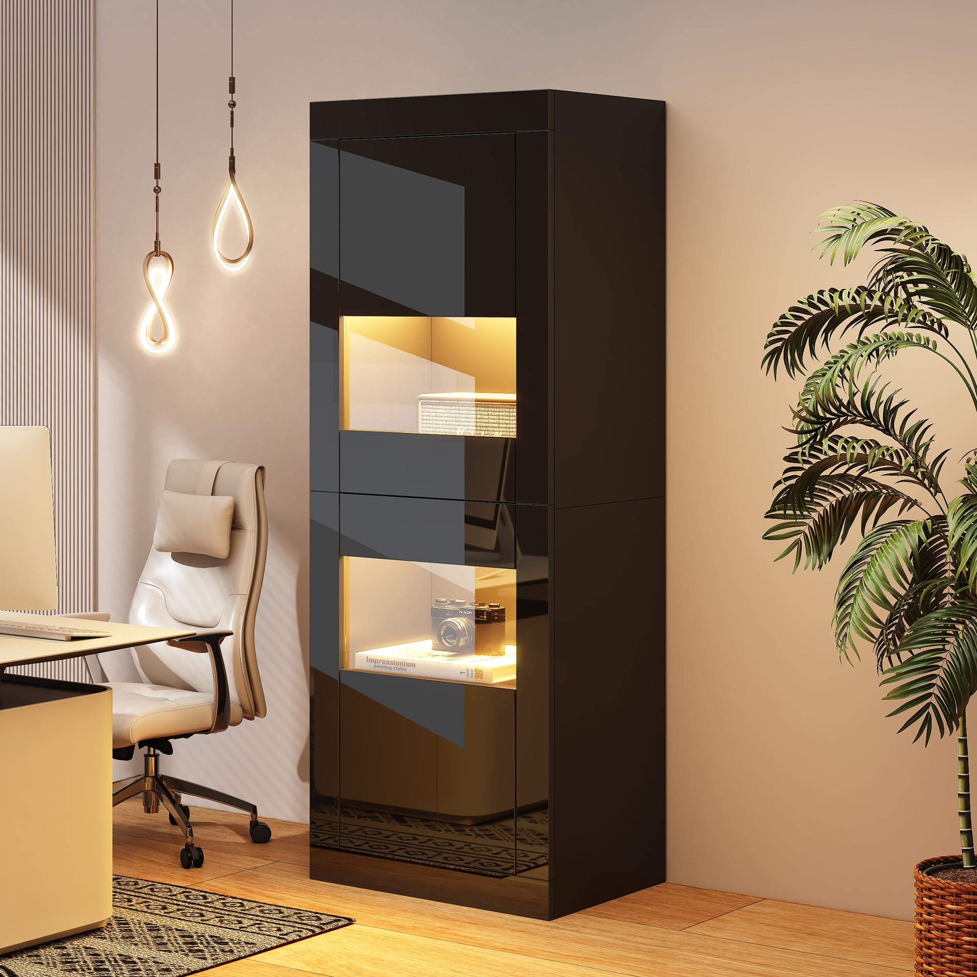 Vitrina de alto brillo, color negro, 1 estante de cristal, 61 x 42 x 162 cm, armario de almacenamiento