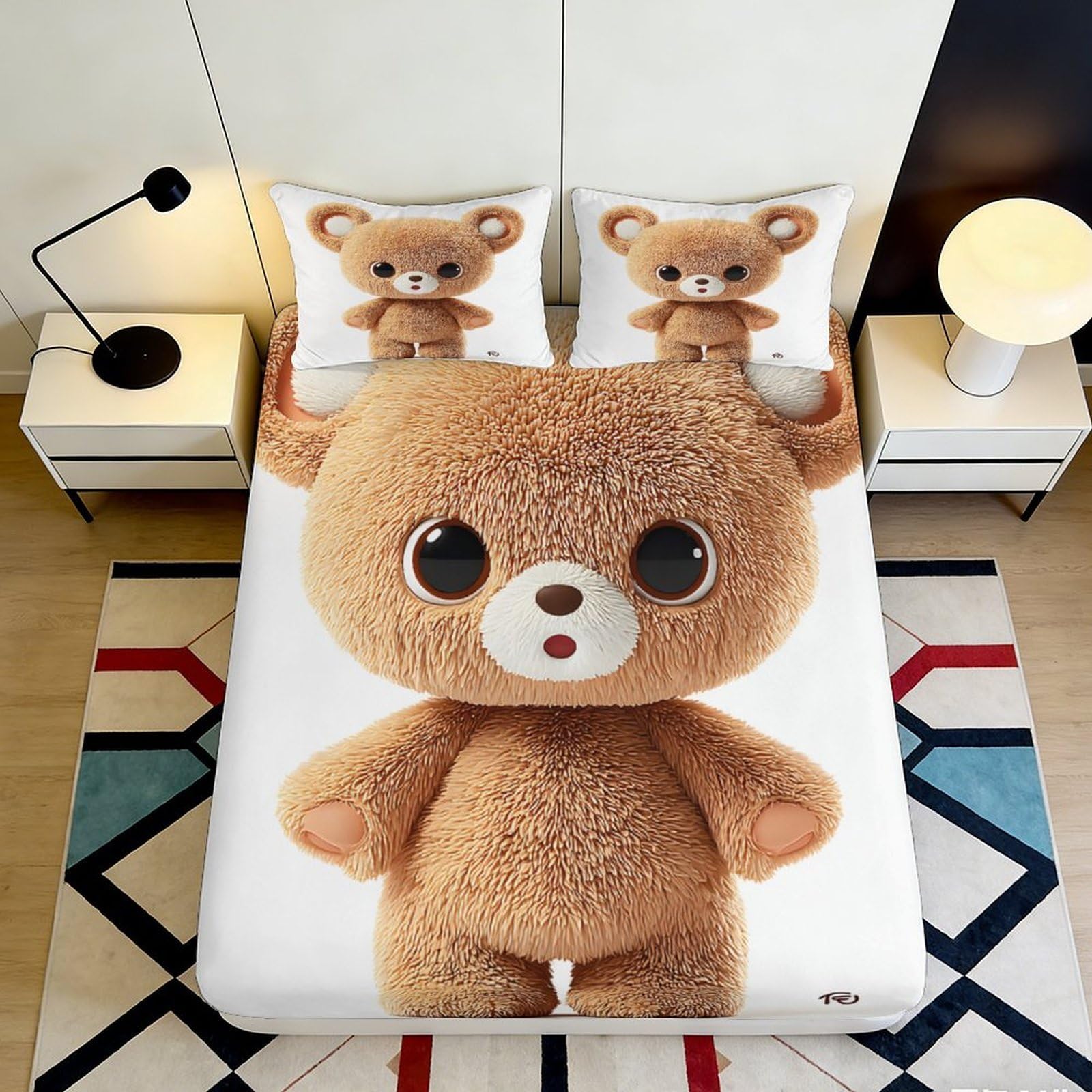 3D Printed Cute Bear Fitted Sheet Microfiber Soft Breathable Teddy Design Bed Cover for Bedroom Dormitory Guest Room Mattress Protection 180x200x25cm