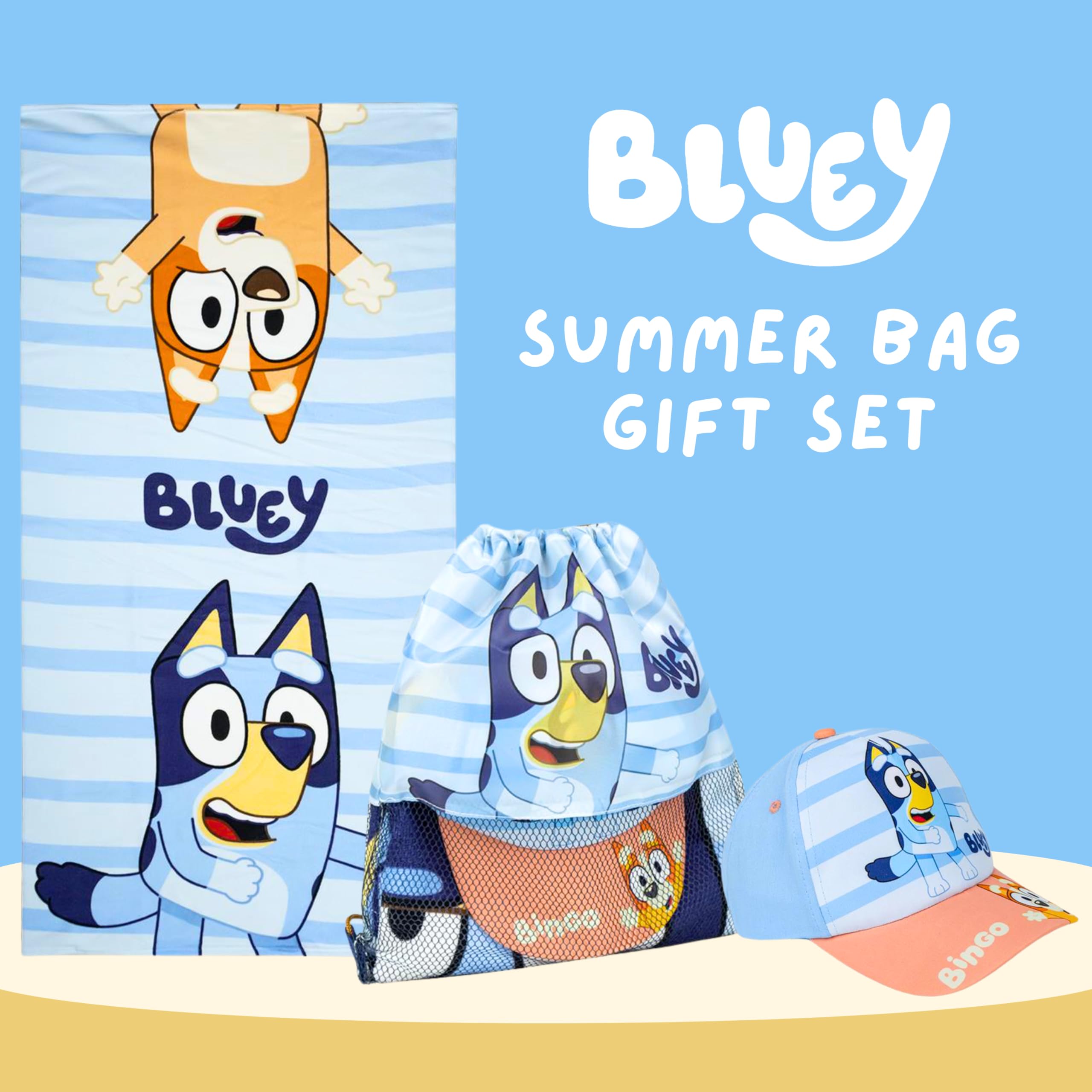 Bluey Gorra de Beisbol Toalla y Mochila Saco Cuerdas Cordón, Set 3 Piezas Infantil, Regalo de Verano Playa Piscina Excursiones para Niños y Niñas