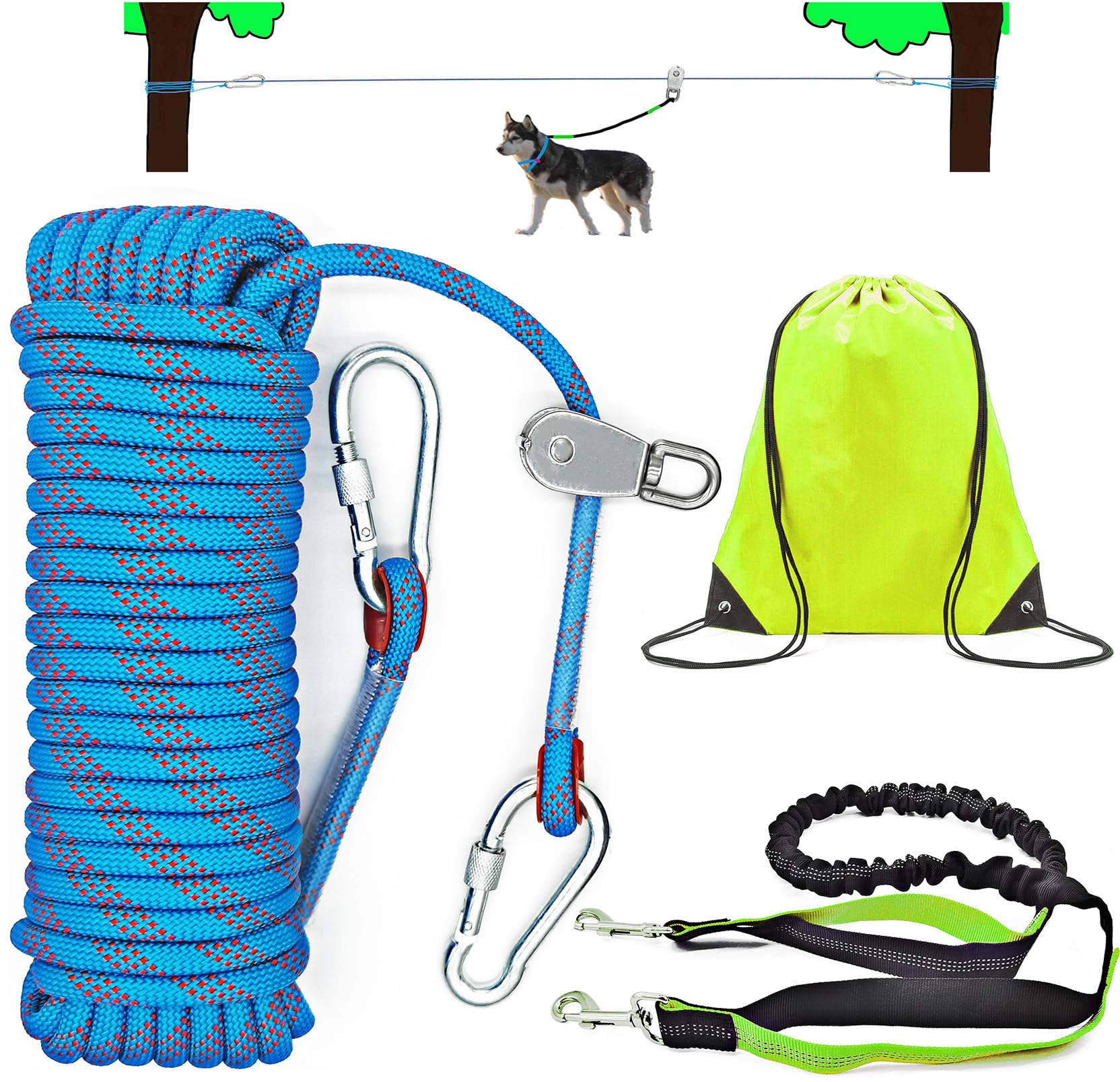 Dog Tie Out Cable for Camping, Dog Trolley System and 4ft Bungee Leash for Dogs Up to 400lbs, Suitable for Camping, Yard and Outdoor Events (Blue25,
