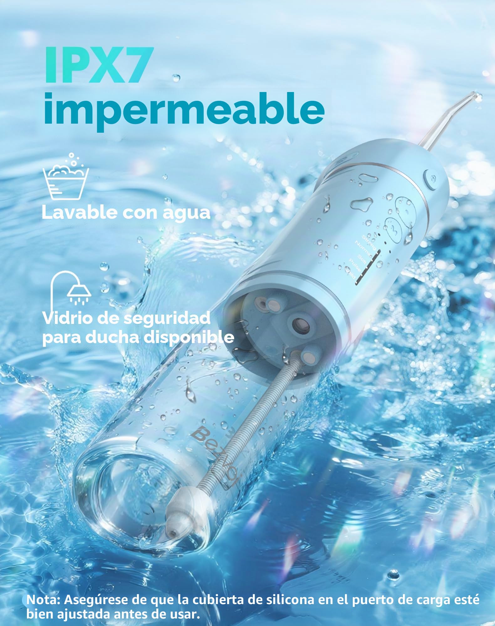 Bezvoi Irrigador Dental Portátil Bezvoi, Mini Inalámbrico 5 Modos, Depósito Extraíble, IPX7 Impermeable, Limpiador Bucal Recargable para Ortodoncia y Dientes Sensibles, Azul