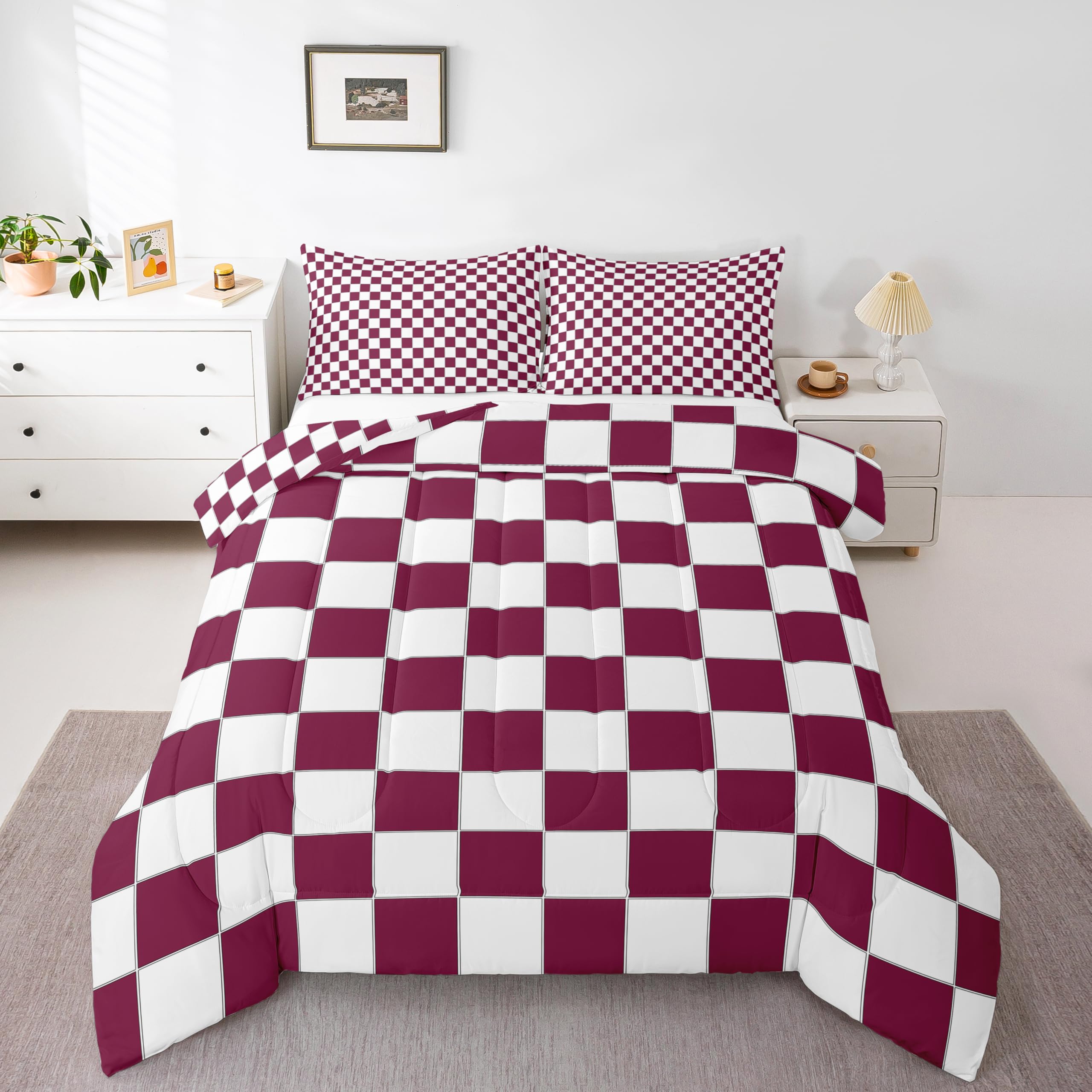 Erosebridal Burgundy Check Plaid Comforter Set Full White Red Checkerboard Bedding Set,Checkered Grid Quilt Set for Kids Teen Adults Aesthetic Geometric Bed Set Modern Room Decor