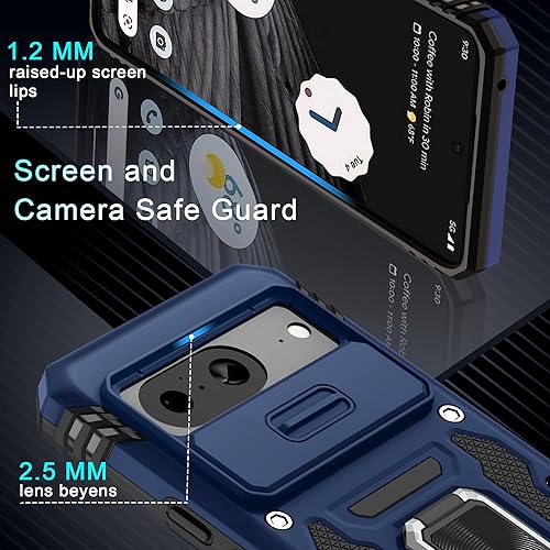 Miniatura 5 de DEERLAMN Funda para Google Pixel 8 con cubierta deslizante para cámara + protector de pantalla (1 unidad), soporte de anillo giratorio grado militar