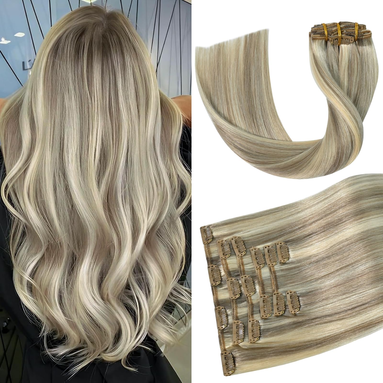 Amazon.com : Aison Blonde Hair Extensions Clip in Real Human  display picture 2