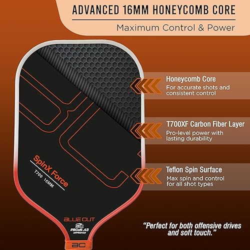 Miniatura 2 de Blue Cut Pickleball Paddle  USAPA Approved Pickleball Paddles Racket with T700 Carbon Fiber, 16mm Honeycomb Core, Spin Surface, Pro Power Speed &