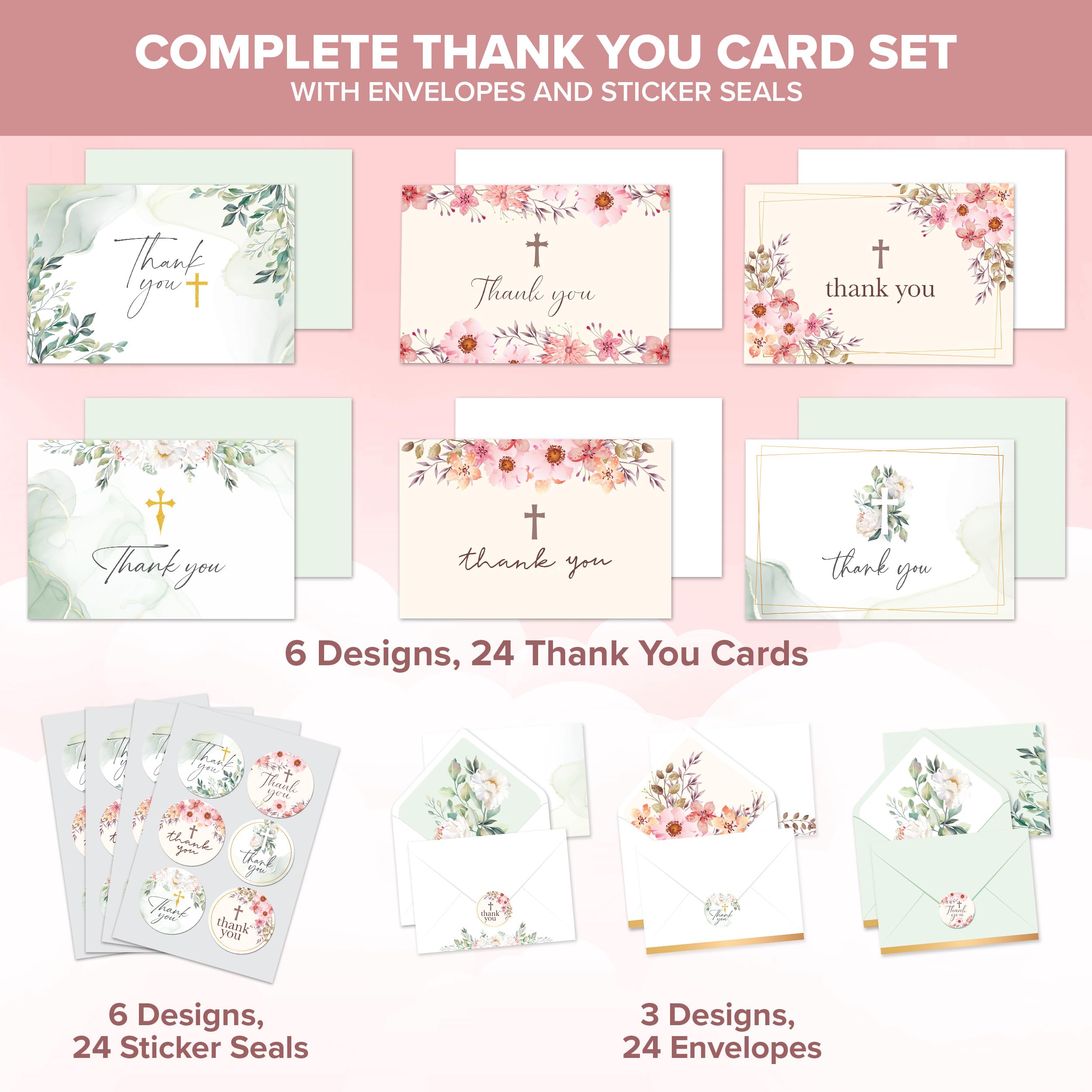 Decorably 24 Pack 6x4in Christian Thank You Cards with Envelopes and Stickers, 6 Designs Religious Thank You Cards - Image 2