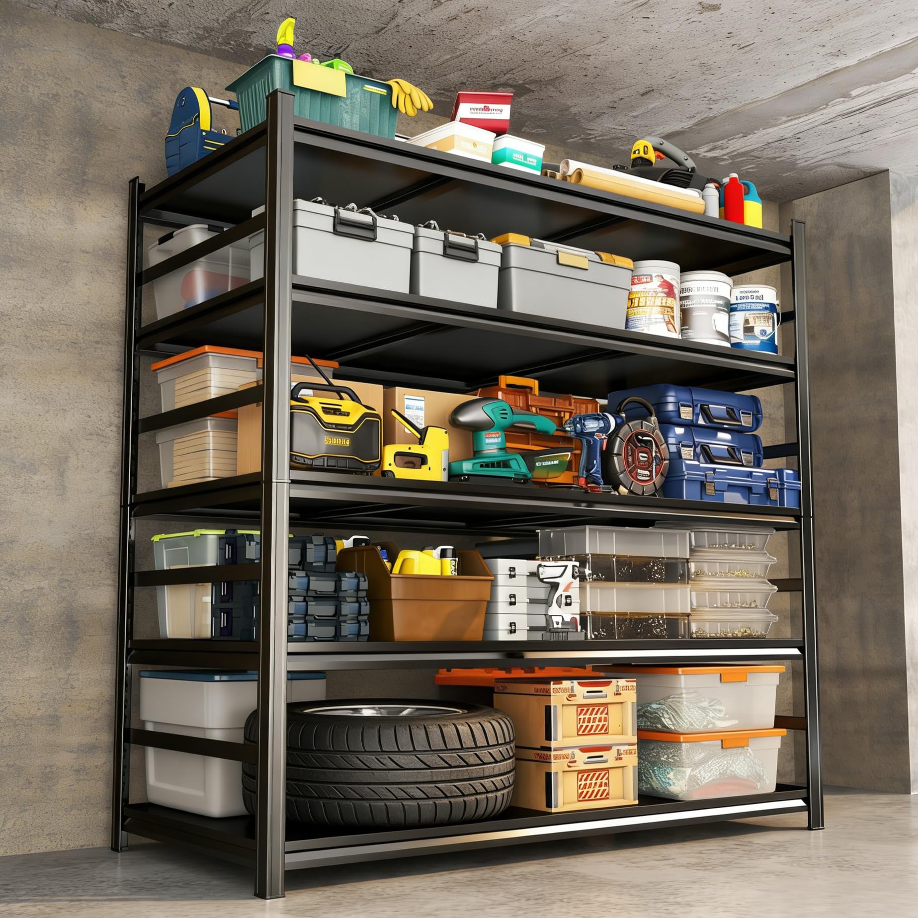 Scaffalatura per garage a 5 ripiani, resistente, 121,9 x 61 x 185,4 cm (larghezza x profondità x altezza), regolabile, in metallo, per garage, cantine, magazzini, colore: nero