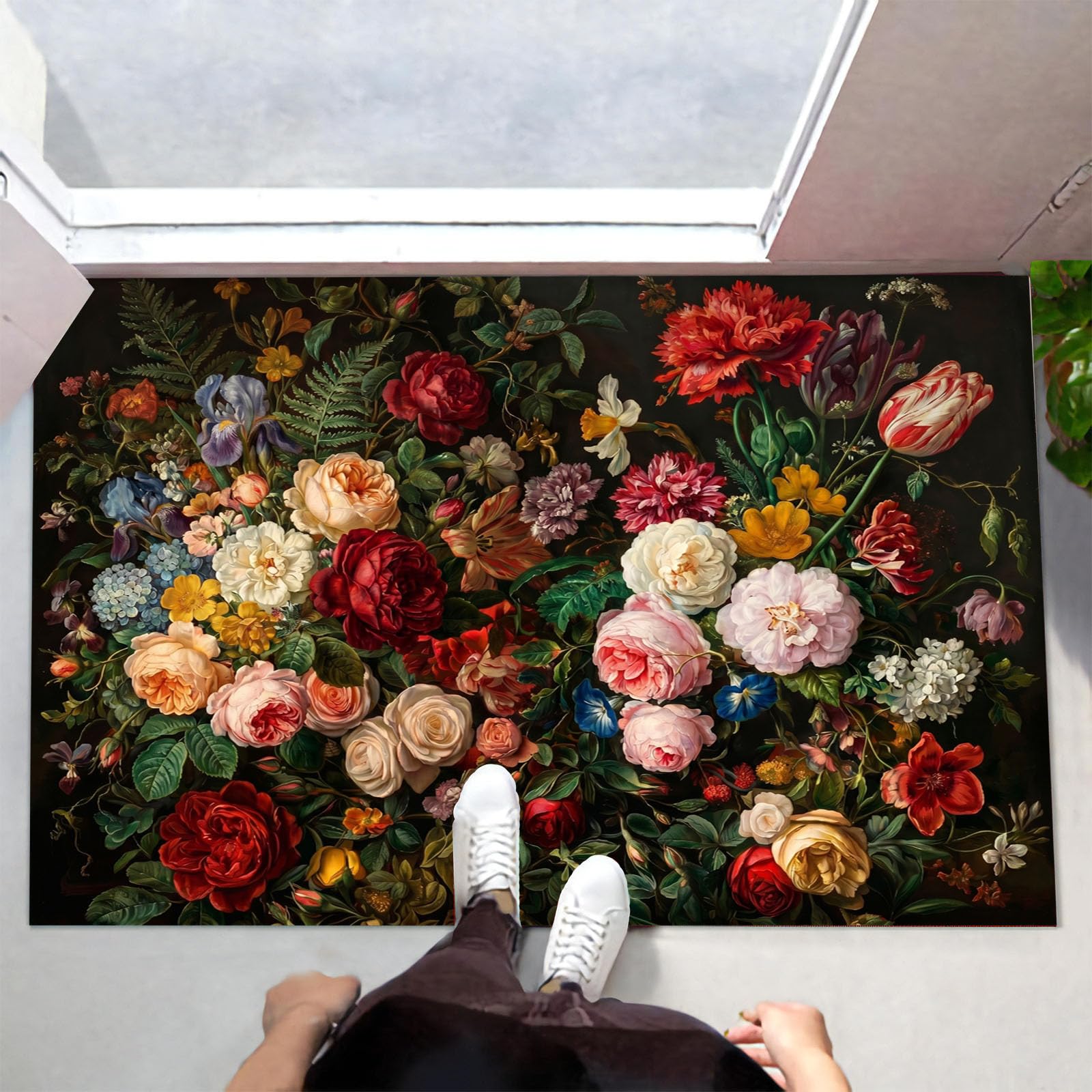 Felpudo Ultrafino Para Interiores, 80X120Cm, Pintura Clásica Al Óleo De Flores Alfombra Antideslizante Lavable Para Entrada, Botánica Gótica Felpudo De Perfil Bajo, Atrapa Suciedad, Rojo Oscuro