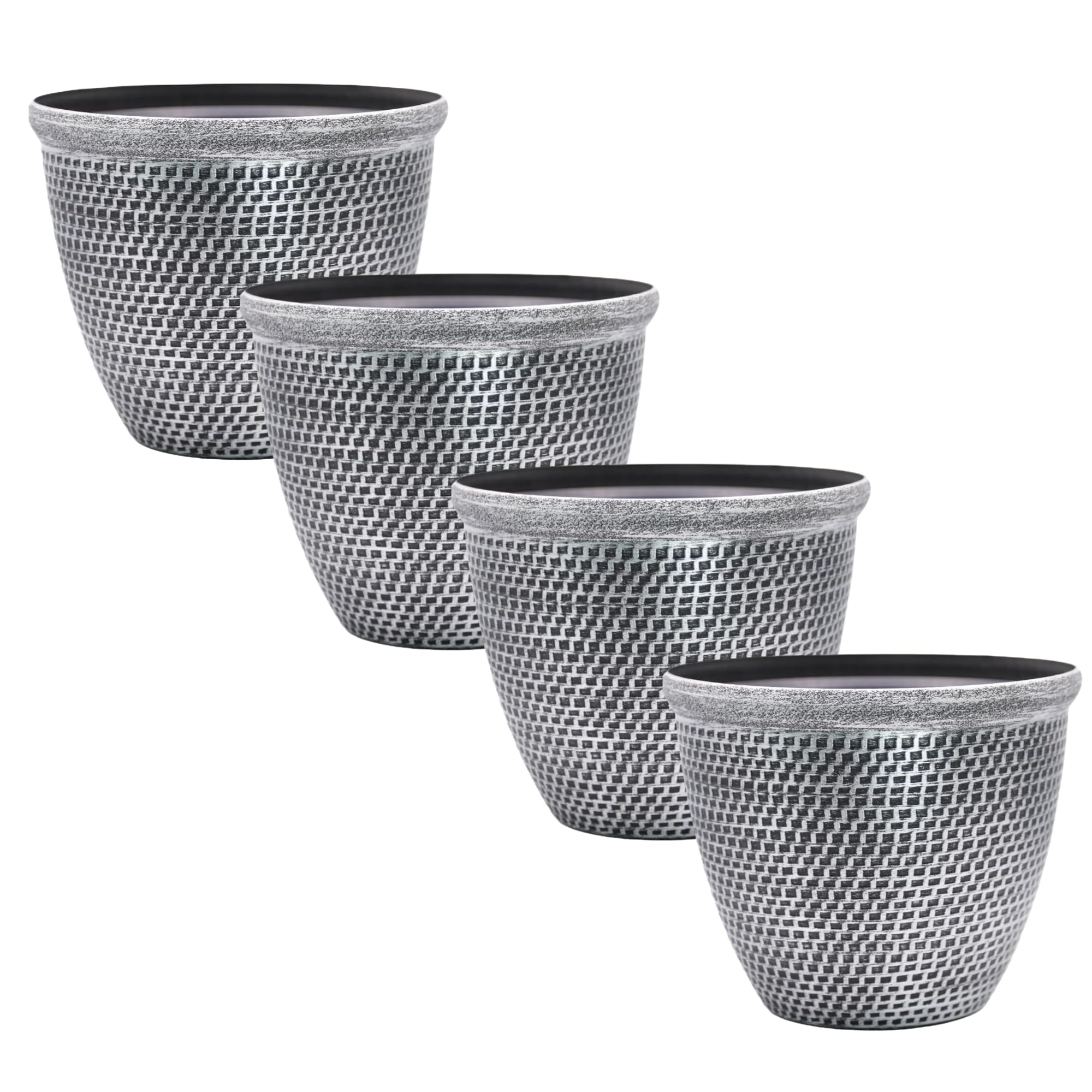 Set of 4 Large Plastic Round Silver Cromarty Plant Pot with Saucers Flower Pot Planter Garden Decoration Antique 30cm, 12inch Outside Planters 10L Outdoor With Drainage Holes