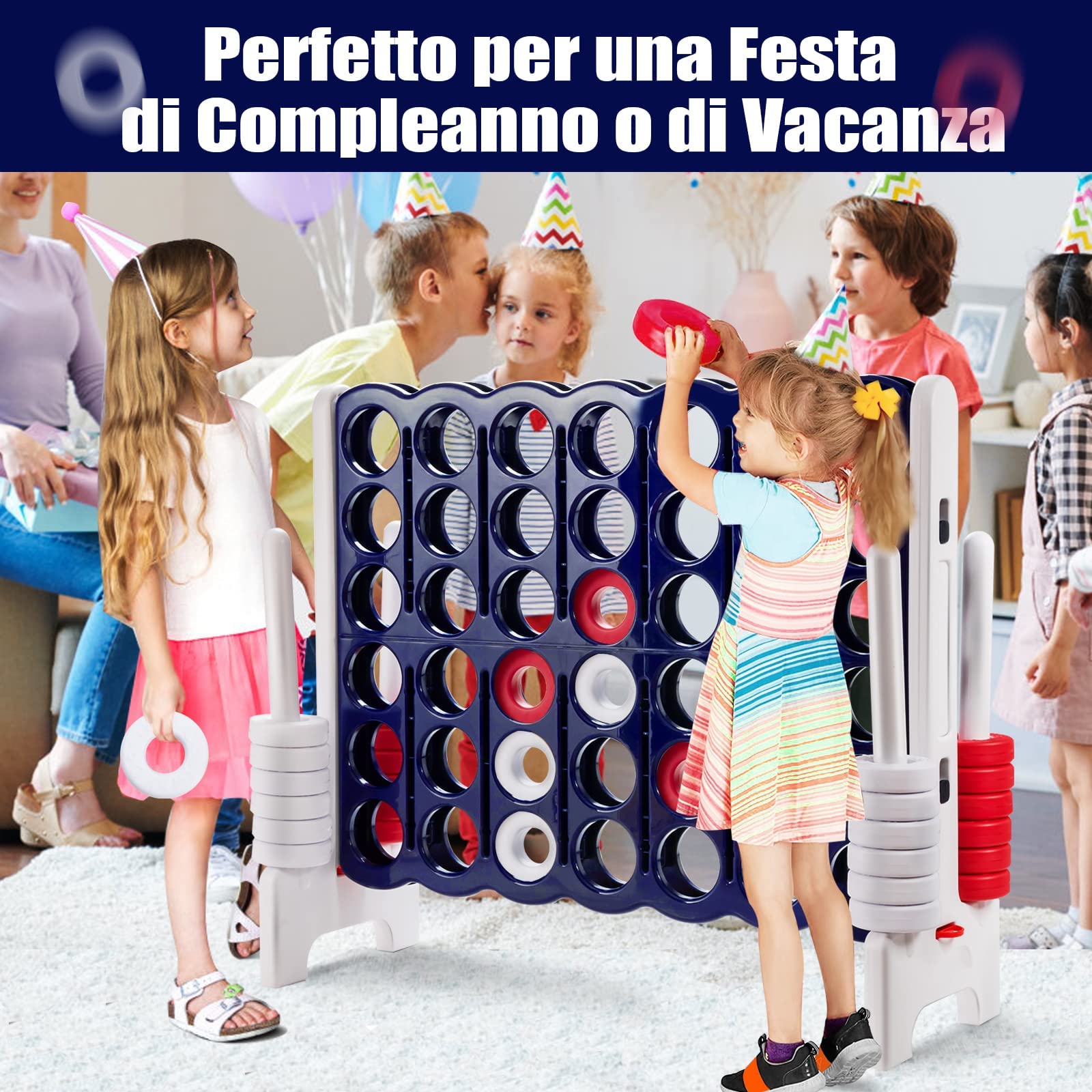 GYMAX Gioco a Terra di 4 in Linea, Grande Gioco della Strategia di Forza 4 con 42 Scacchi, per Bambini, Adulti, Gioco di Società per Riunioni di Famiglia, 120 x 42 x 104 cm (Grigio+Blu)