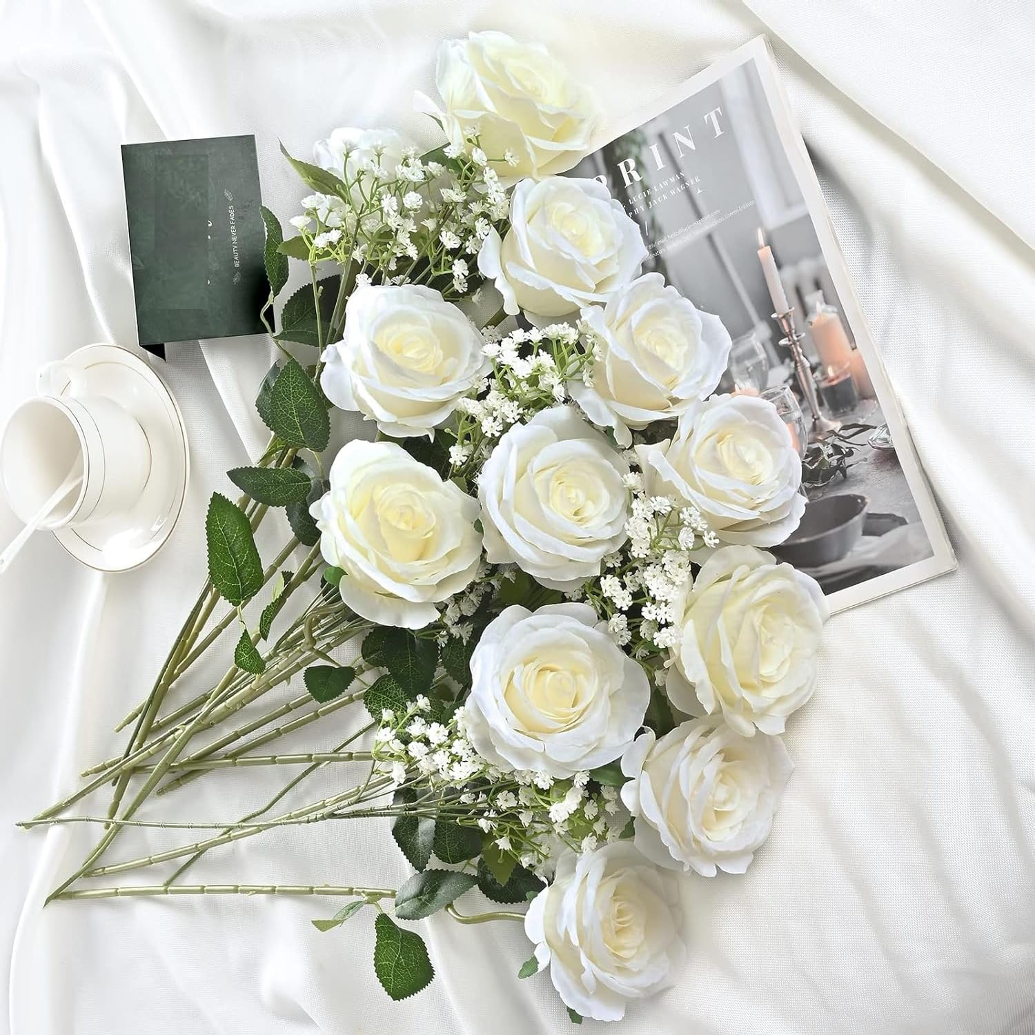Dekorly Fake White Roses Babys Breath Artificial Flowers Bulk, Silk White Rose Faux Babys Breath with Long Stems for Wedding Bouquet Vase Flower Arrangement (White, Height : 12Inch, Set of 10Pcs)-image-36
