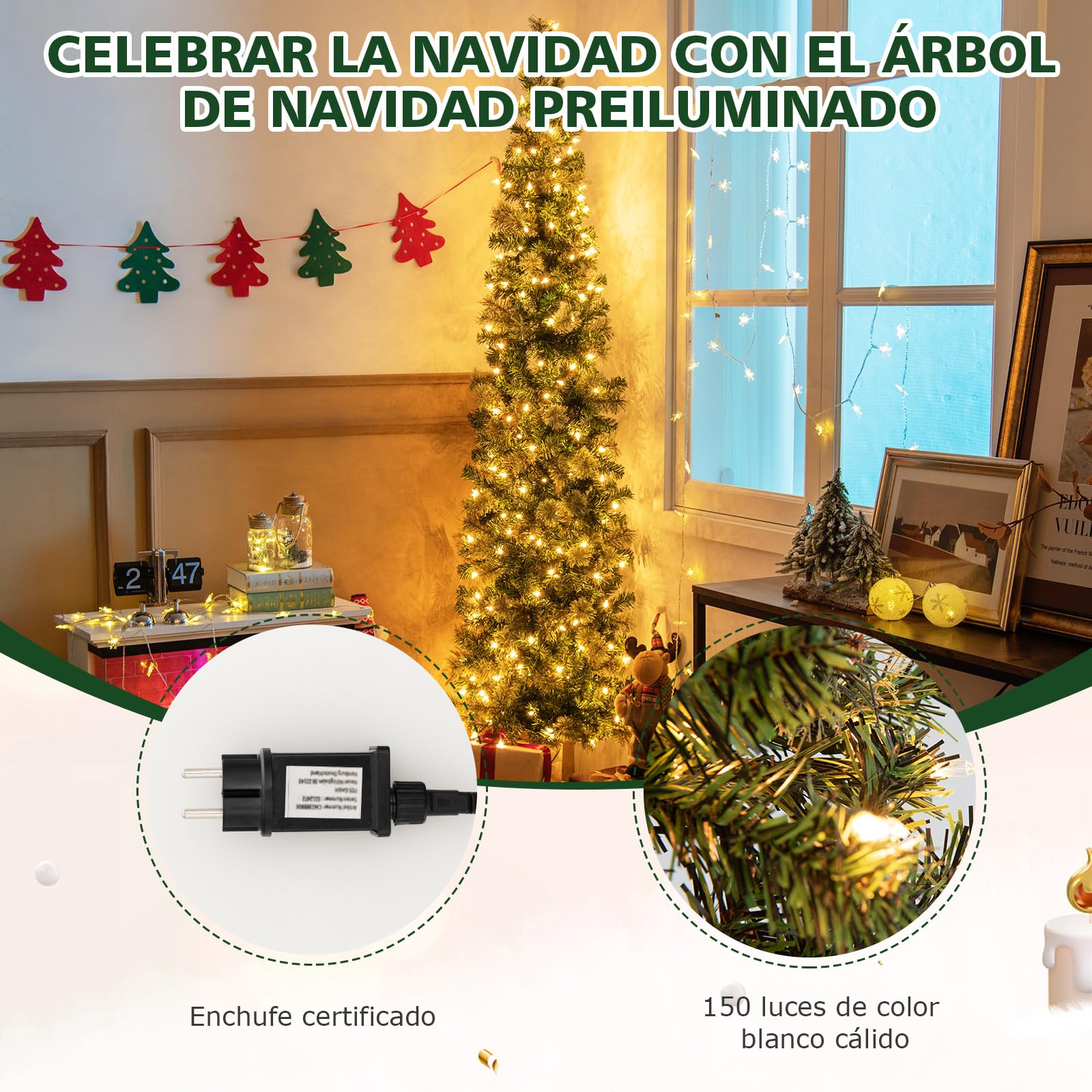 COSTWAY Medio Árbol de Navidad Slim/Estrecho con Luces 210cm, Arboles de Navidad Delgado, 403 Ramas PVC, Arbol de Navidad con Luces Incorporadas 150 Luces LED，Arvore de Natal Casa/Oficina