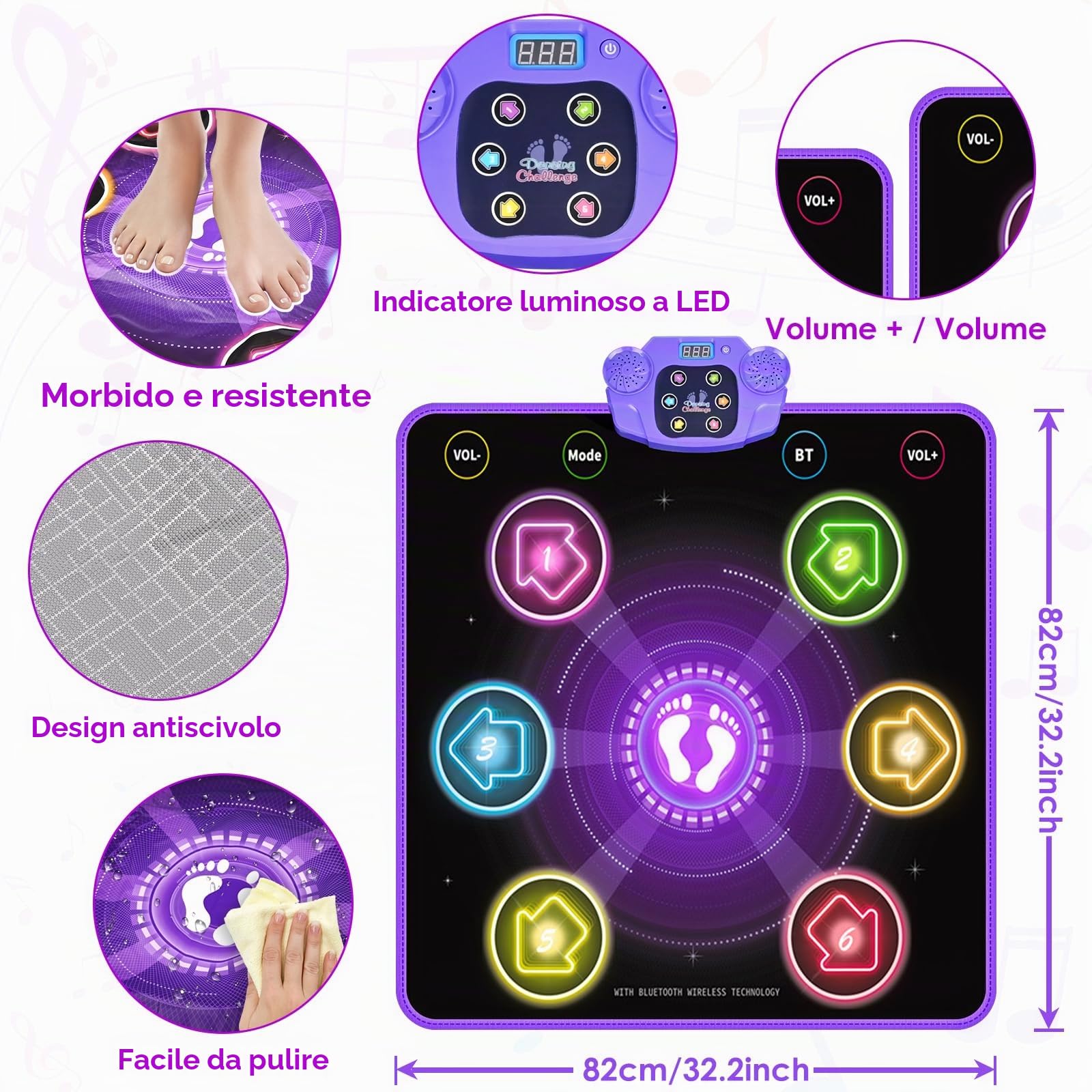 Bambini Tappetino da Ballo con 6 LED, GuKKK Tappeto da Ballo con Bluetooth per 3 4 5 6 7 8 9 10+ Anni,Tappetino da Ballo Elettronico,Giocattolo Tappeto Musicale da Ballo,Regali di Natale di Compleanno