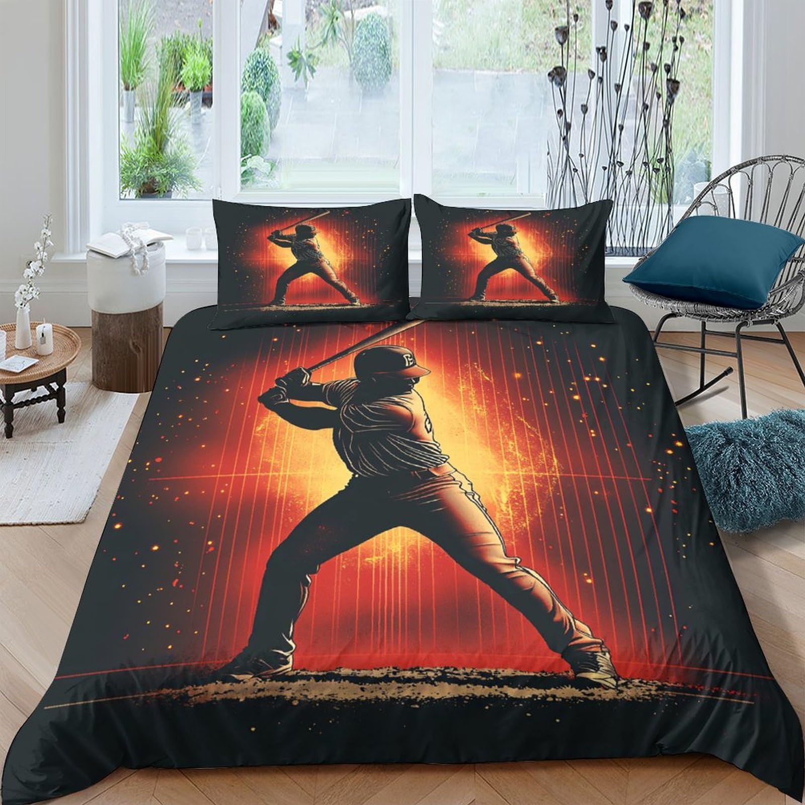 Ctjqhvkz Style-10 3D Printed Baseball Player Fitted Sheet Microfiber Black Orange Silhouette Bed Cover For Bedroom And Guest Room Decor Single（135X200cm）