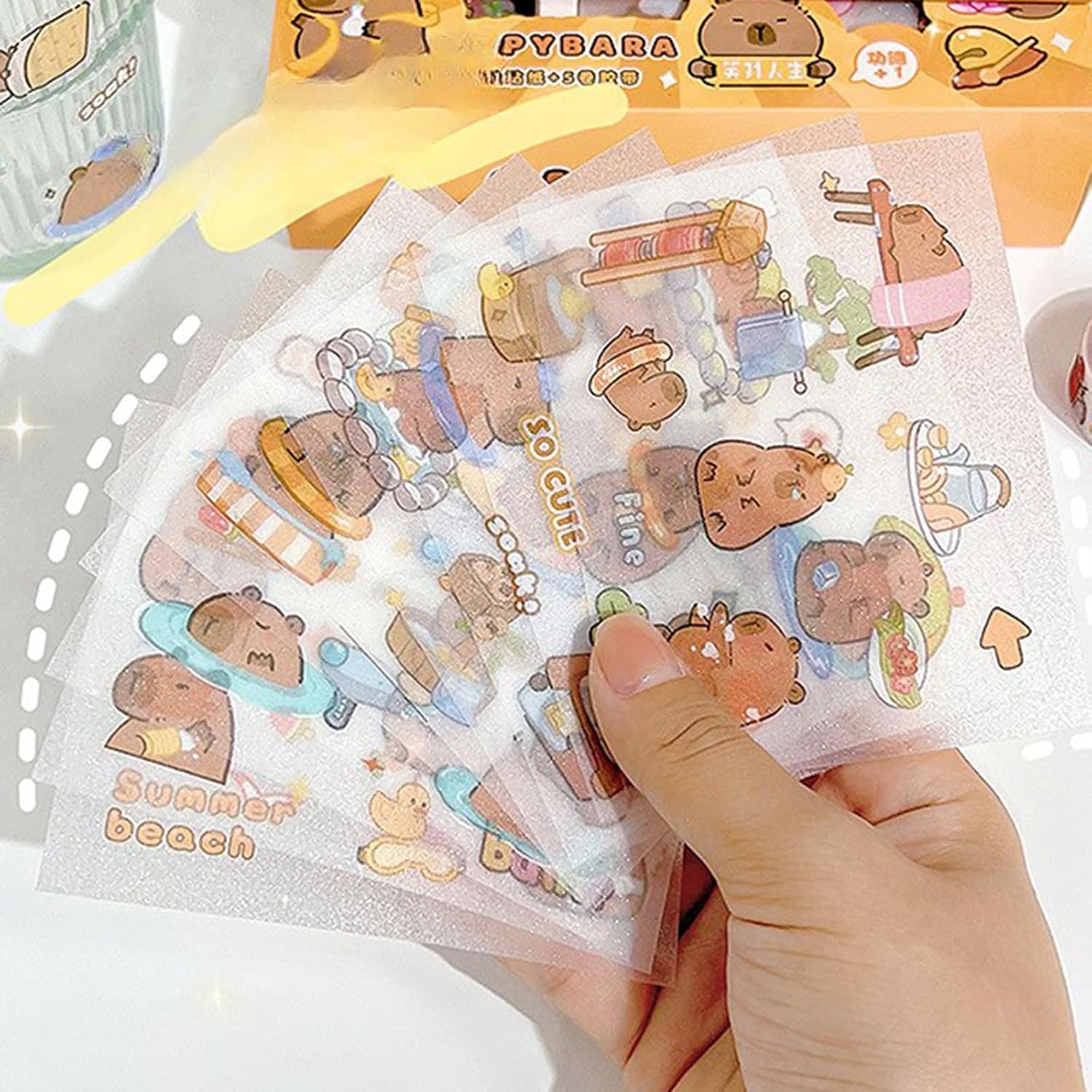 5 Rolls of Tape and 9 Stickers - Hand Accounting Stickers, PET Waterproof Decorative Stickers for Kids and Cute Capybara Stickers (Buddhist series)