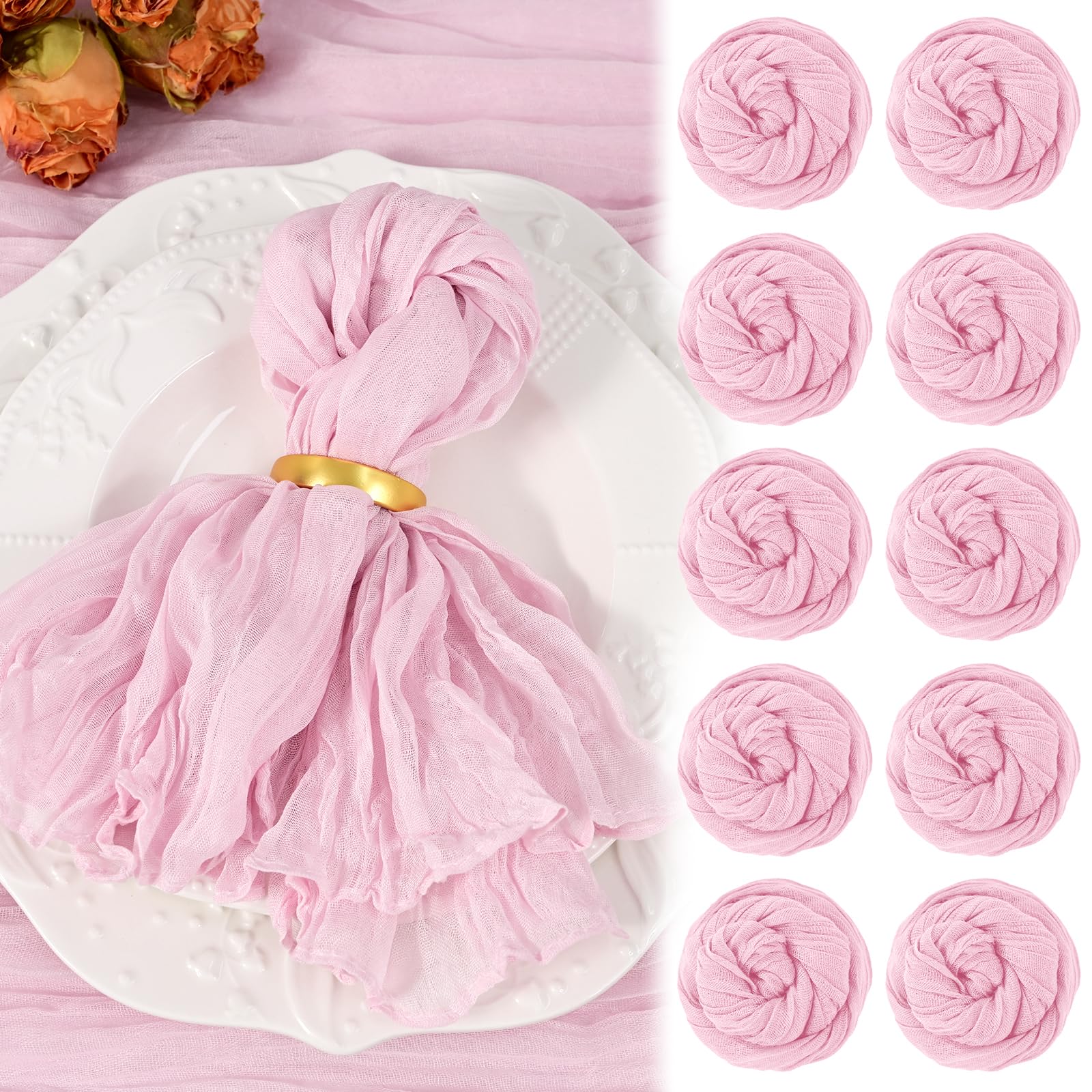 10 Pack Pink Cheesecloth Napkins 50x50CM Boho Washable Cloth Napkins Set of 10 Wrinkled Cheese Cloth Napkins Gauze Dinner Table Napkin for Wedding Party Baby Shower Birthday Decor