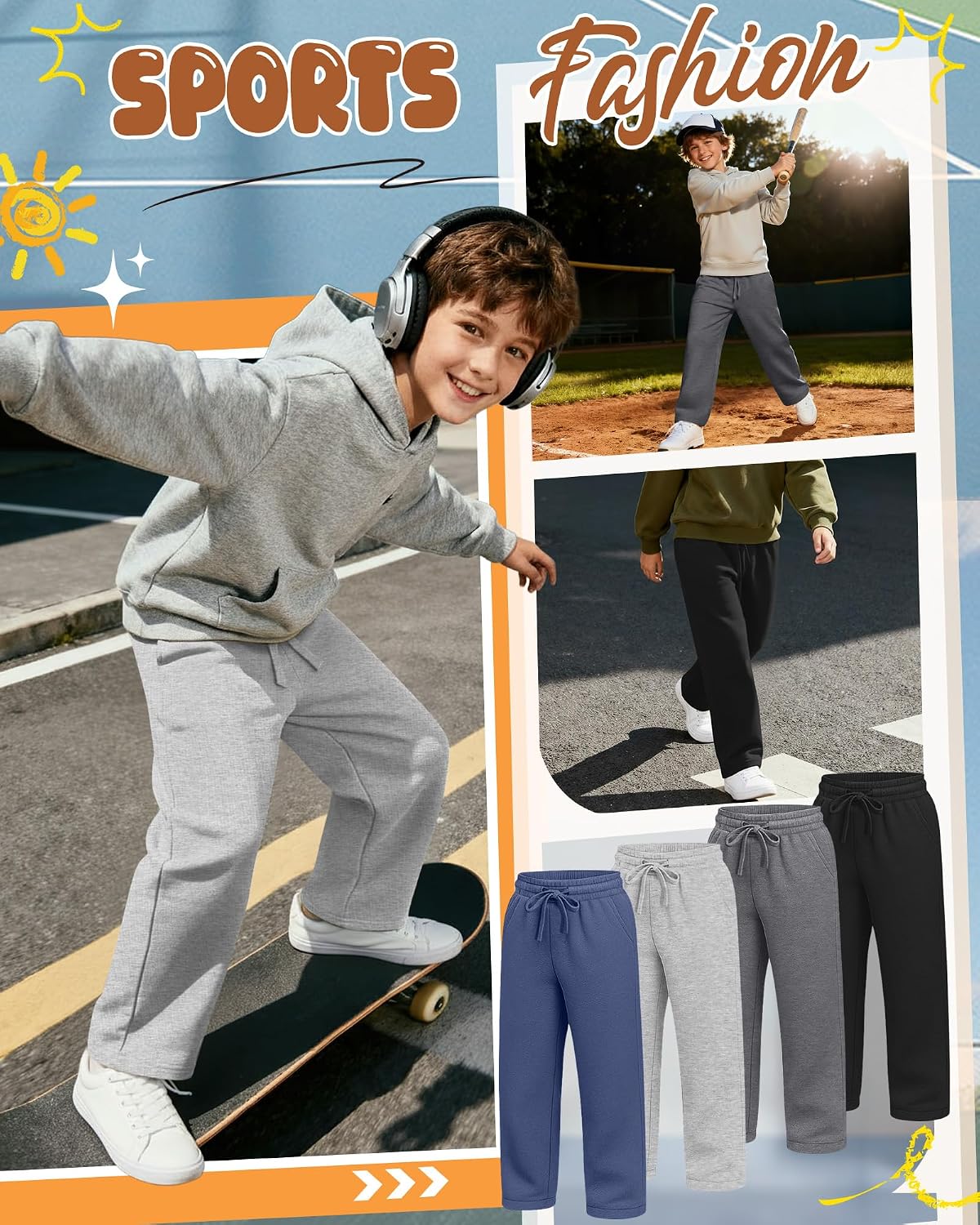 4 Pack Boys Sweatpants Lightweight Baggy Pants Teen Youth Straight Leg Open Bottom Casual Athletic Kids Joggers
