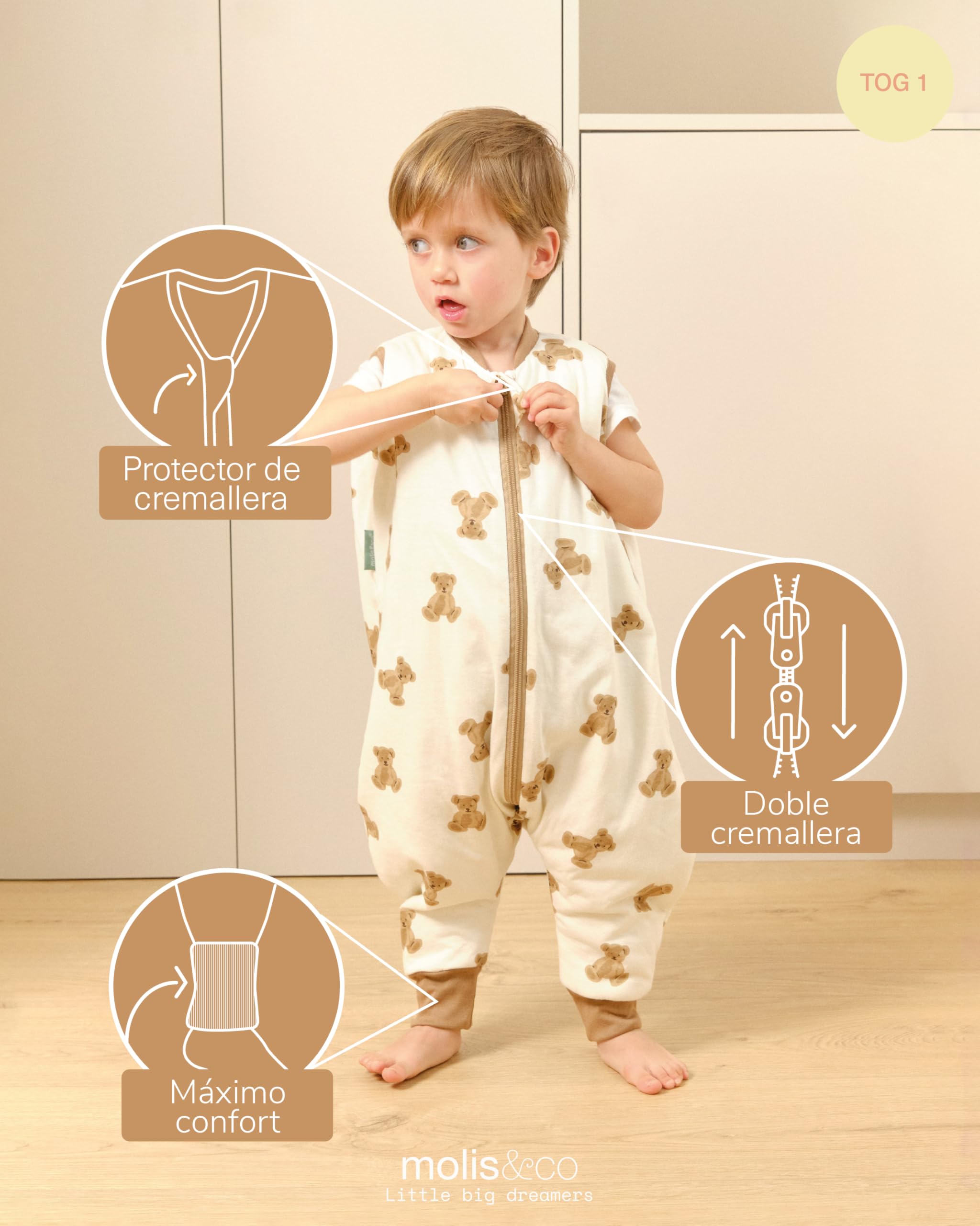 molis&co - Pijama Manta con Pies 1.0 TOG - 90 cm (3 años) - Ideal para Primavera y Otoño - 100% Algodón (Oeko-Tex 100) - Teddy - 3