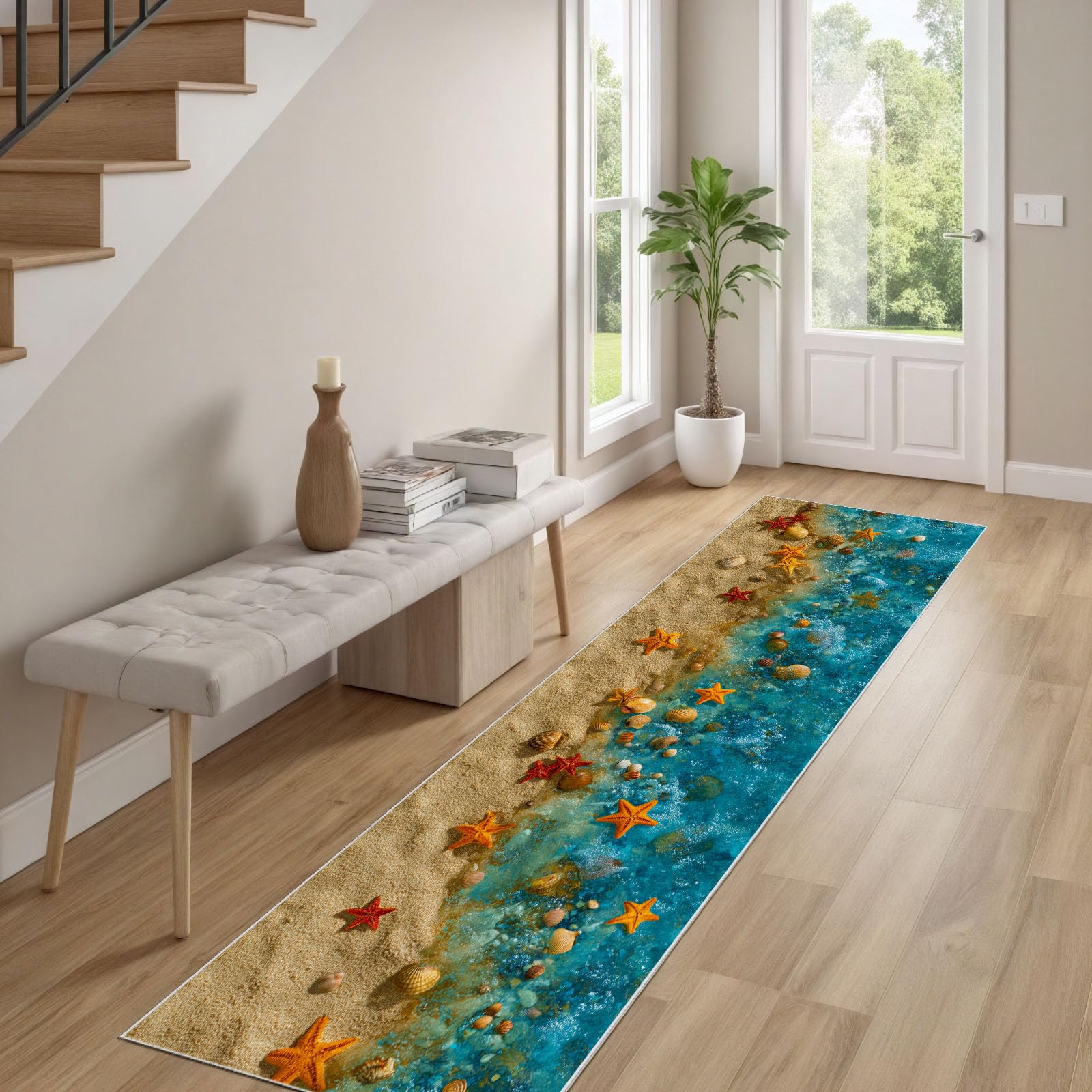 Mer Vague Plage Tapis Cuisine Devant Evier Lavable Coquillage étoile de mer Descente de Lit Antidérapant 60x180 cm Thème Océan Tapis de Passage pour Couloir, Passage, Chambre à Coucher, Salon