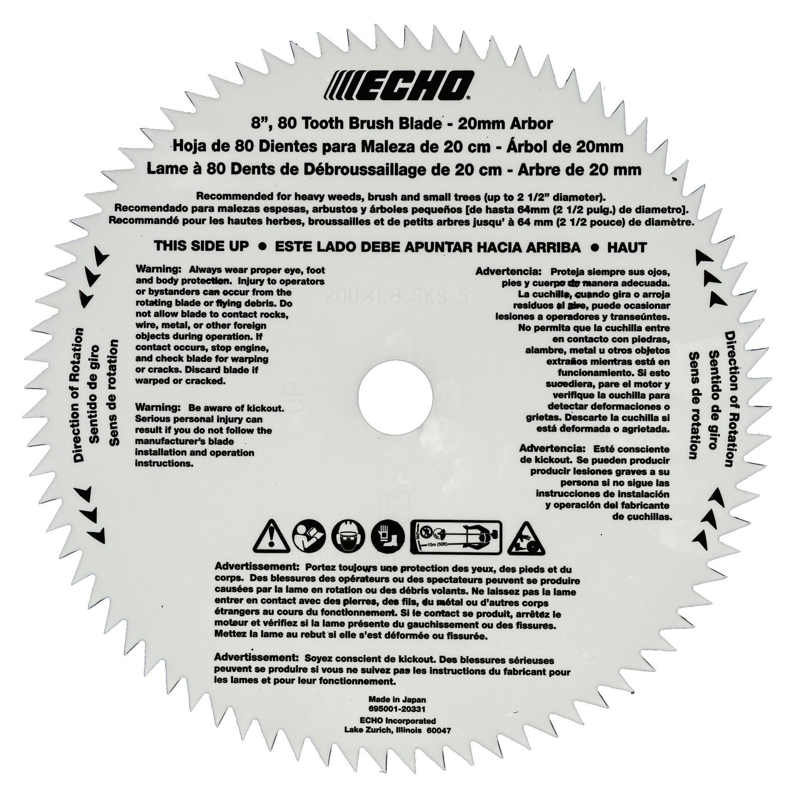 Replacement for fits Echo 69500120331 8" 80-Tooth Brush Blade 20MM A SRM Trimmers and Brushcutters