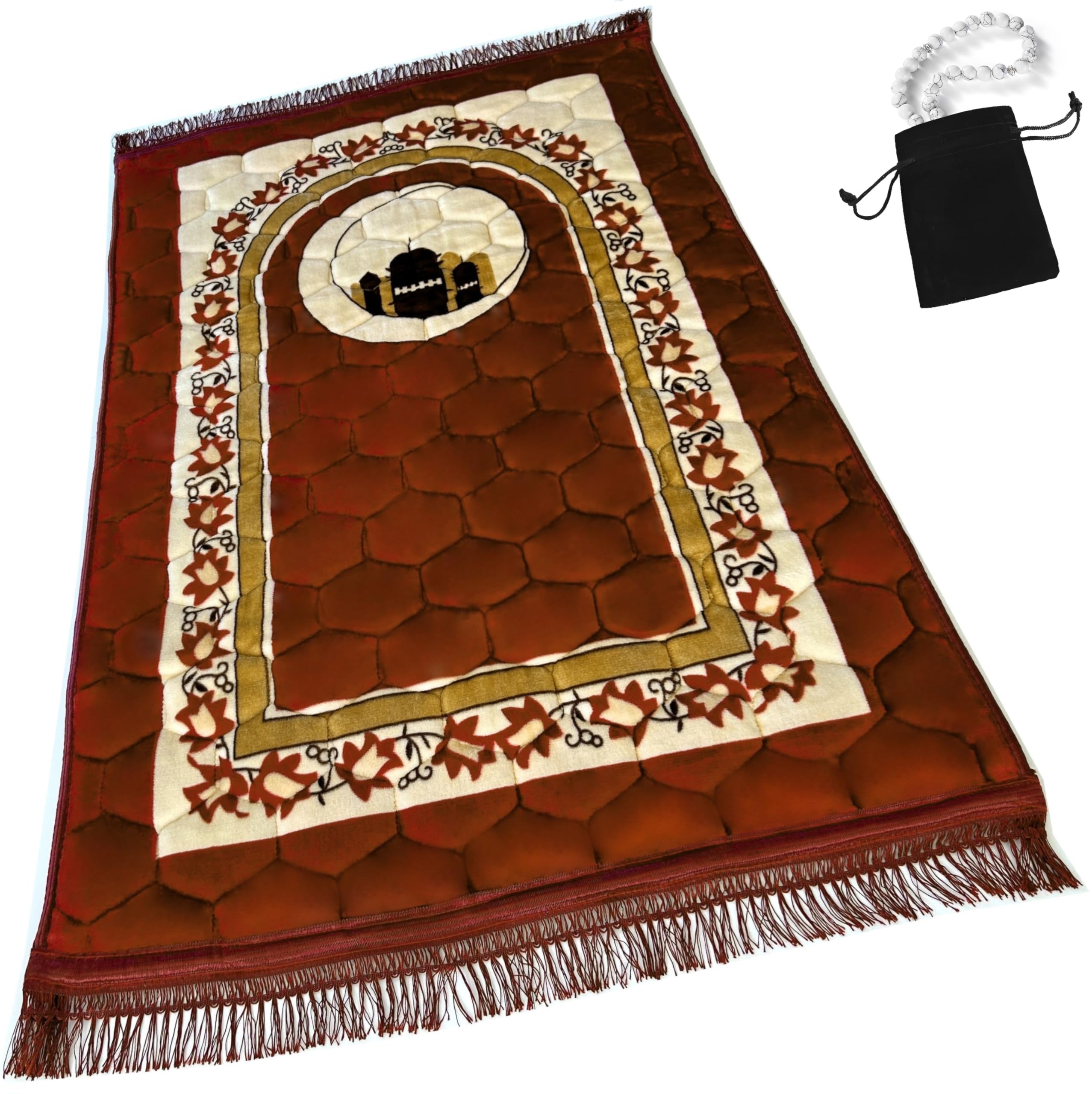 Prayer Rug Muslim Prayer Mat Islamic - Very Thick Prayer Rug Sajadah for Men Women with Islam Prayer Beads for Eid Travel Ramadan, Soft and Luxury (Orange)
