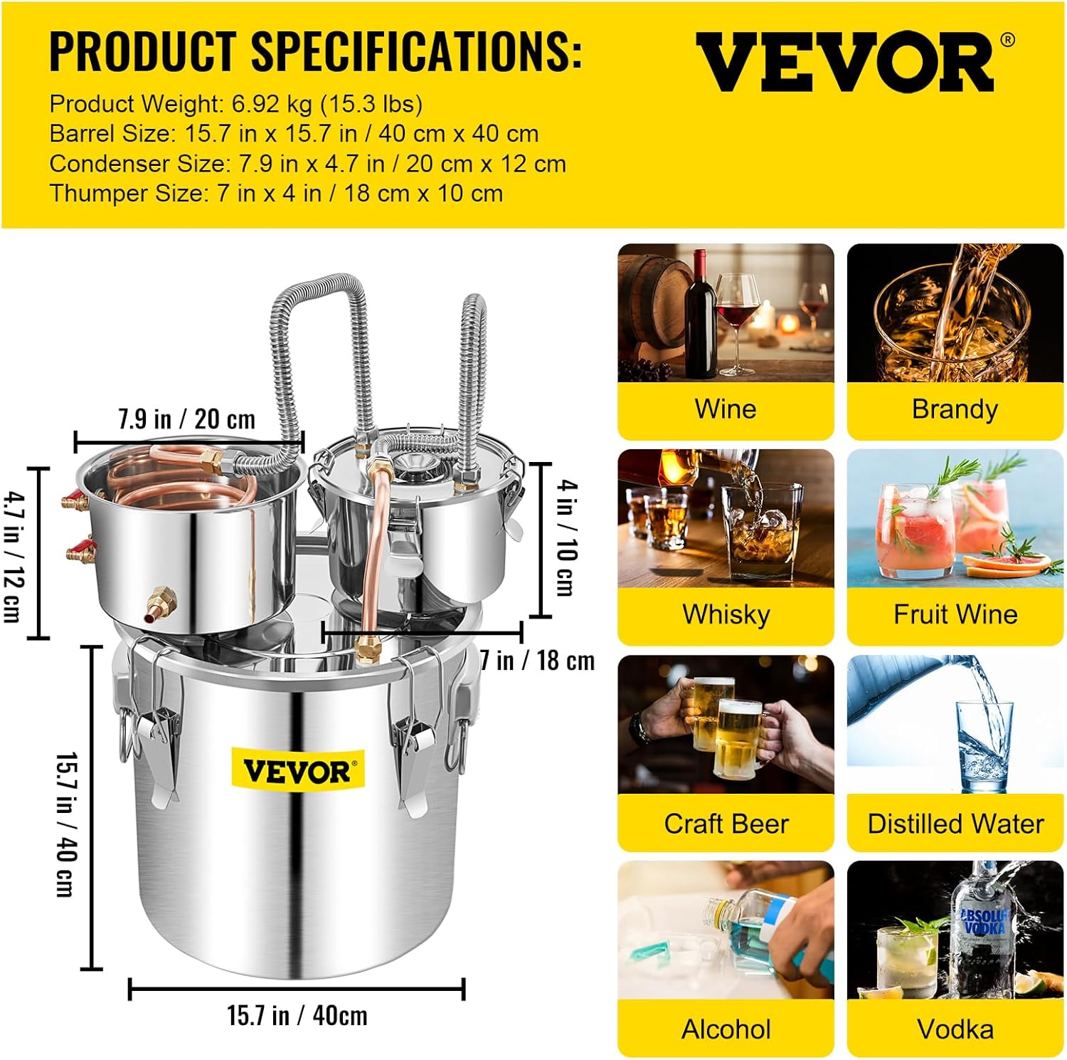 Collage of various products that can be made with the VEVOR Alcohol Still