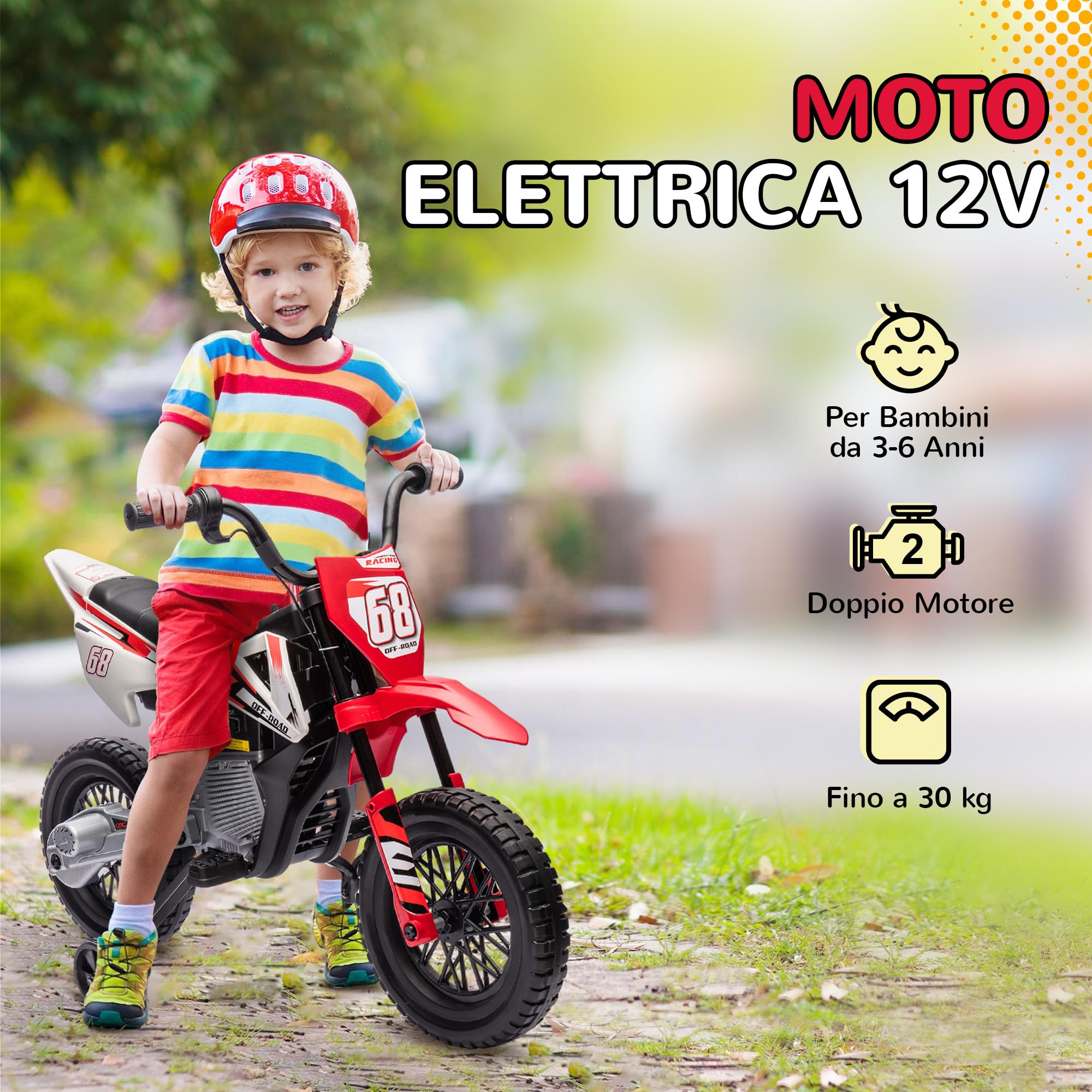 AIYAPLAY 12V Moto Elettrica per Bambini 3-6 Anni con 2 Motori e Acceleratore Manuale, Mini Moto Cross per Bambini con Sospensione, Ruote Rimovibile, Indicatore di Carica, Suoni, 2.4-5km/h, Rosso