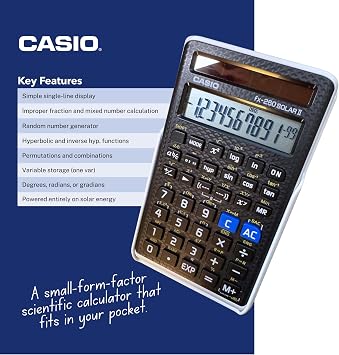 الحاسبة العلمية Casio fx-260 Solar II | عرض مكون من 10 أرقام | وظائف الكسر والمثلث | مثالية للمدرسة المتوسطة، الرياضيات في المدرسة الثانوية، الجبر، علم المثلثات | تعمل بالطاقة الشمسية