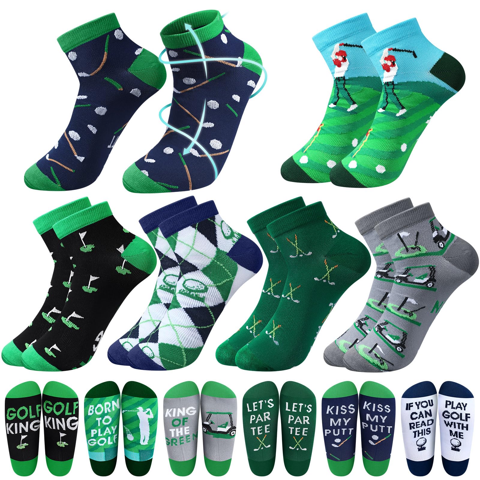 6 pares de calcetines de golf divertidos de compresión de corte bajo, regalos para hombres, fanáticos del deporte, amantes del golf, Verde, gris, azul, negro, blanco, Large