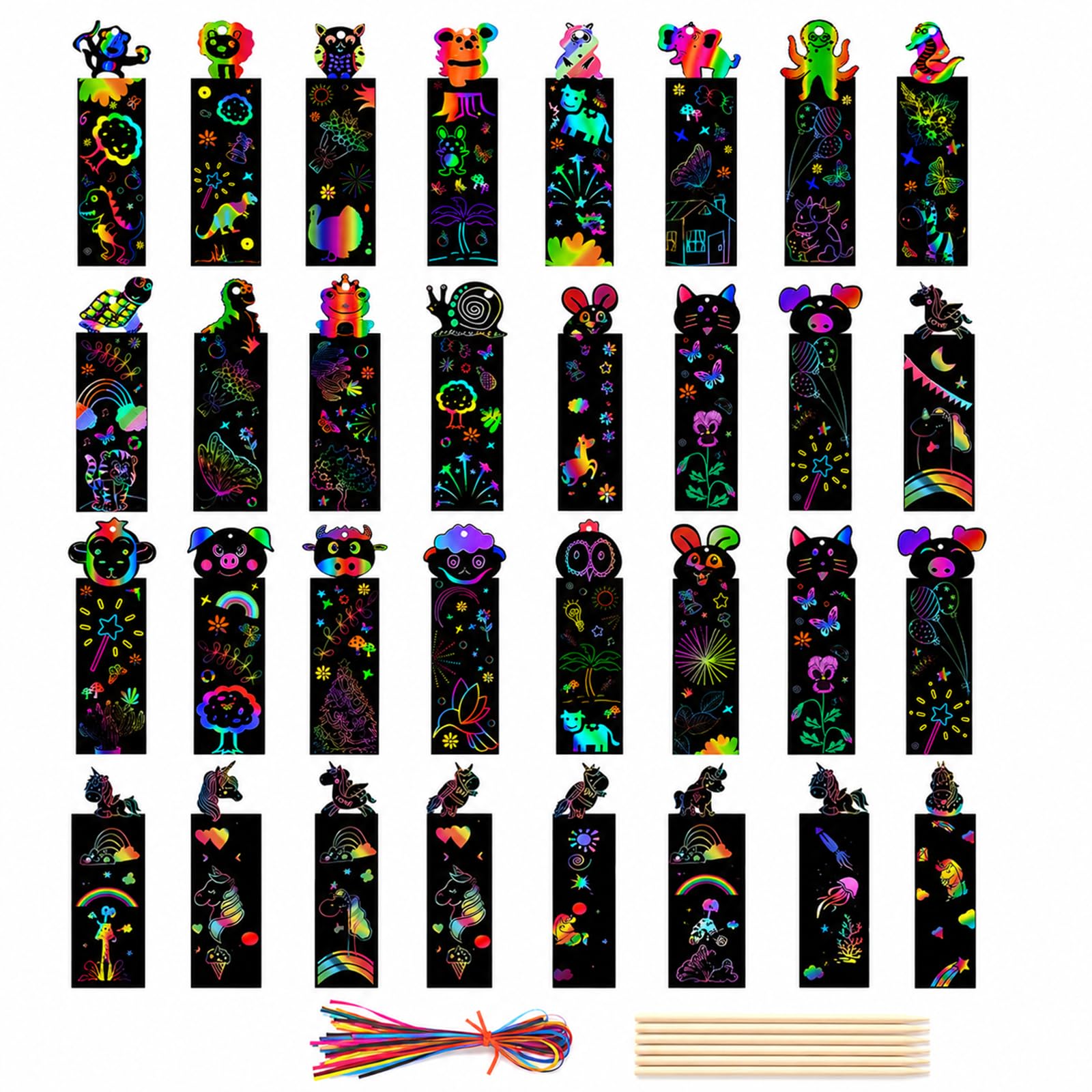 32 Pcs Scratch Art Bookmarks Party Bag Fillers, Animal Rainbow DIY Bookmark