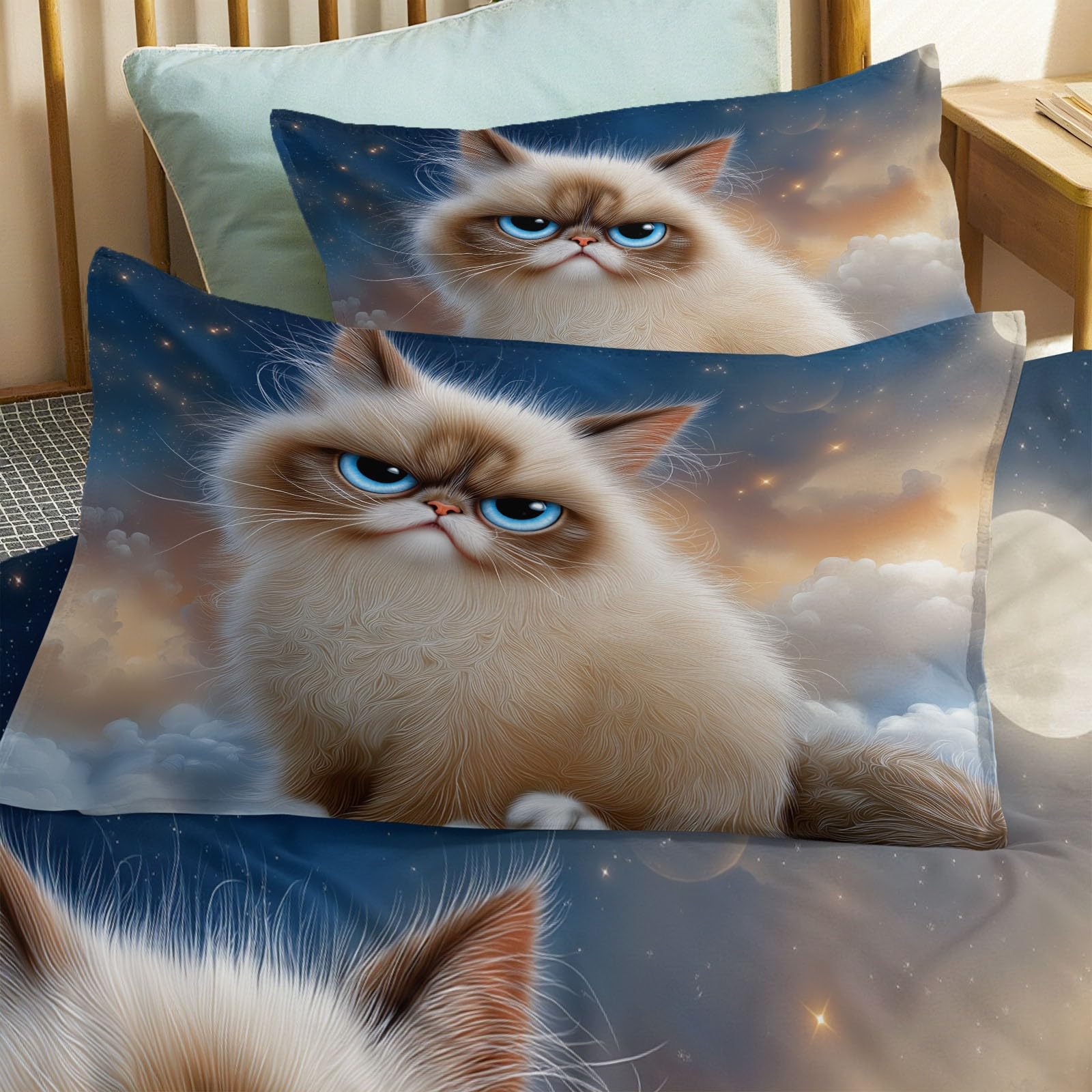 Zestawy poszewek na kołdrę z nadrukiem, dwustronny zestaw pościeli 260 x 220 cm, fantazyjne zwierzęta zły kotek poszewki na kołdrę z pasującymi poszewkami na poduszki 50 x 75 cm dla kobiet dorosłych