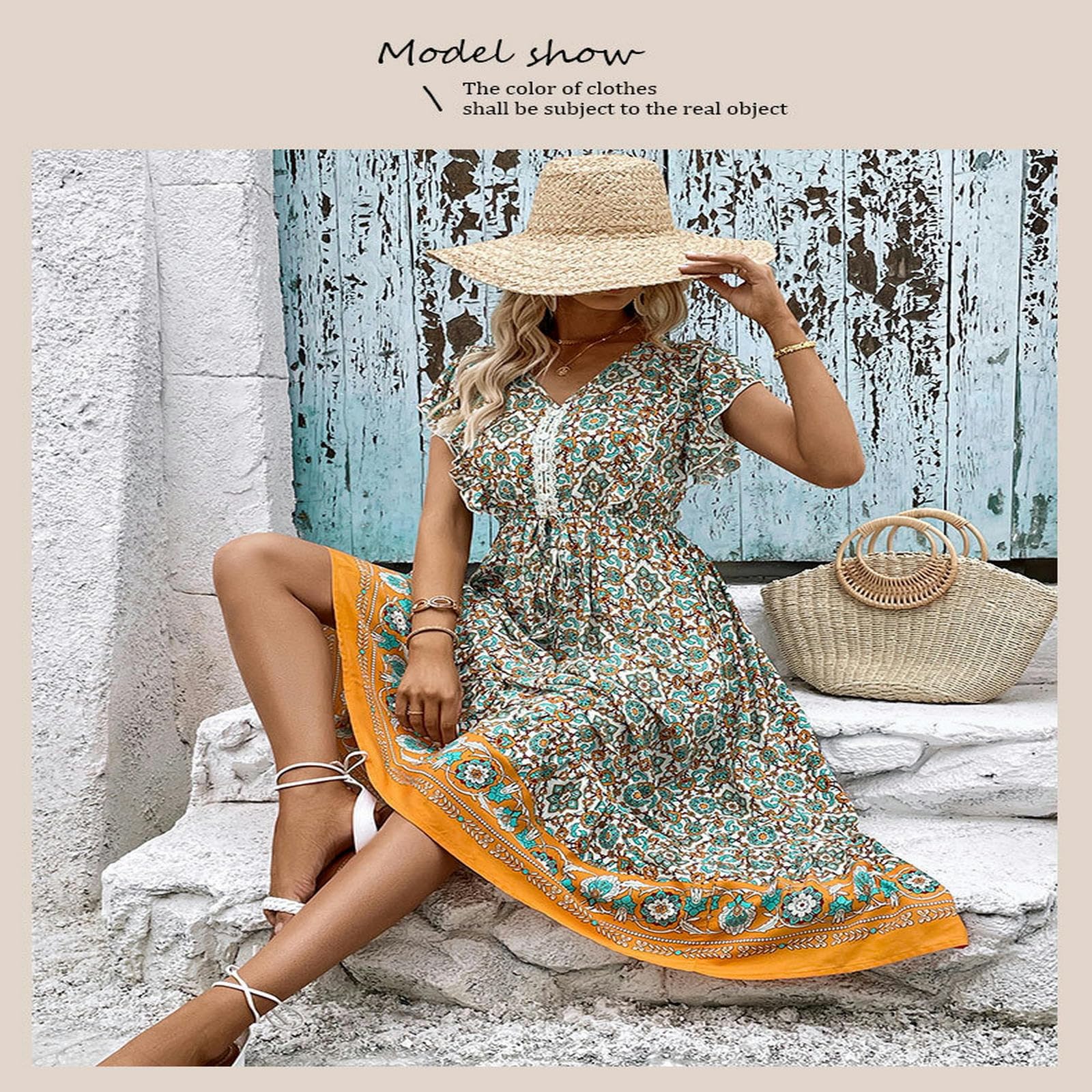 Vestido largo de verano para mujer, estilo bohemio, con estampado floral, cuello en V, manga corta, vestido midi YYEFNMAZ