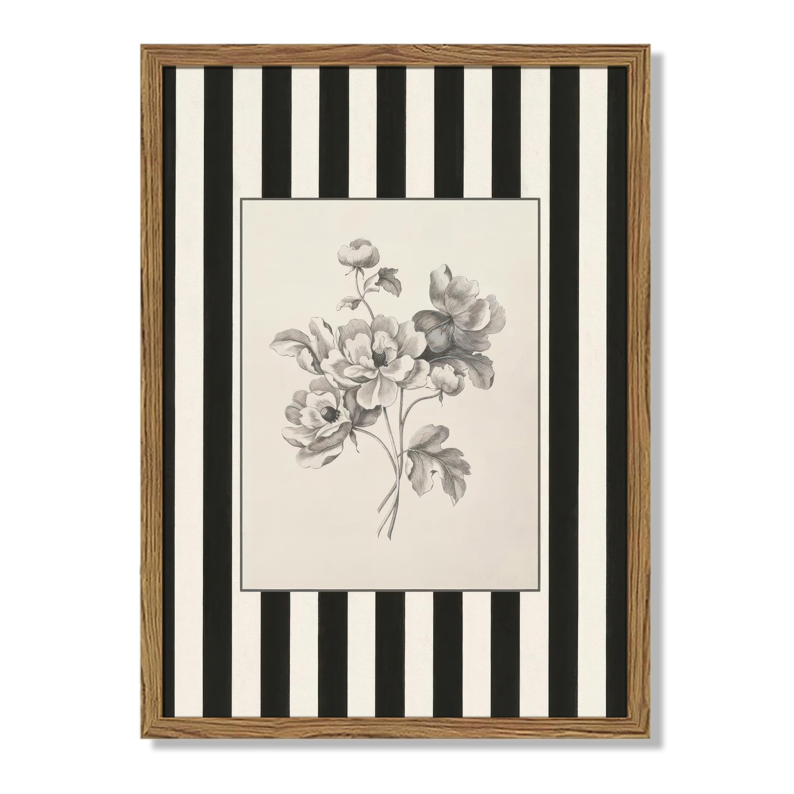 Vintage Framed Wall Art, Black and White Striped Sketch Orchid Picture Wall Decor Painting, Modern Minimalist Floral Plant Canvas Prints for Bedroom Bathroom Living Room Office-40x60 cm