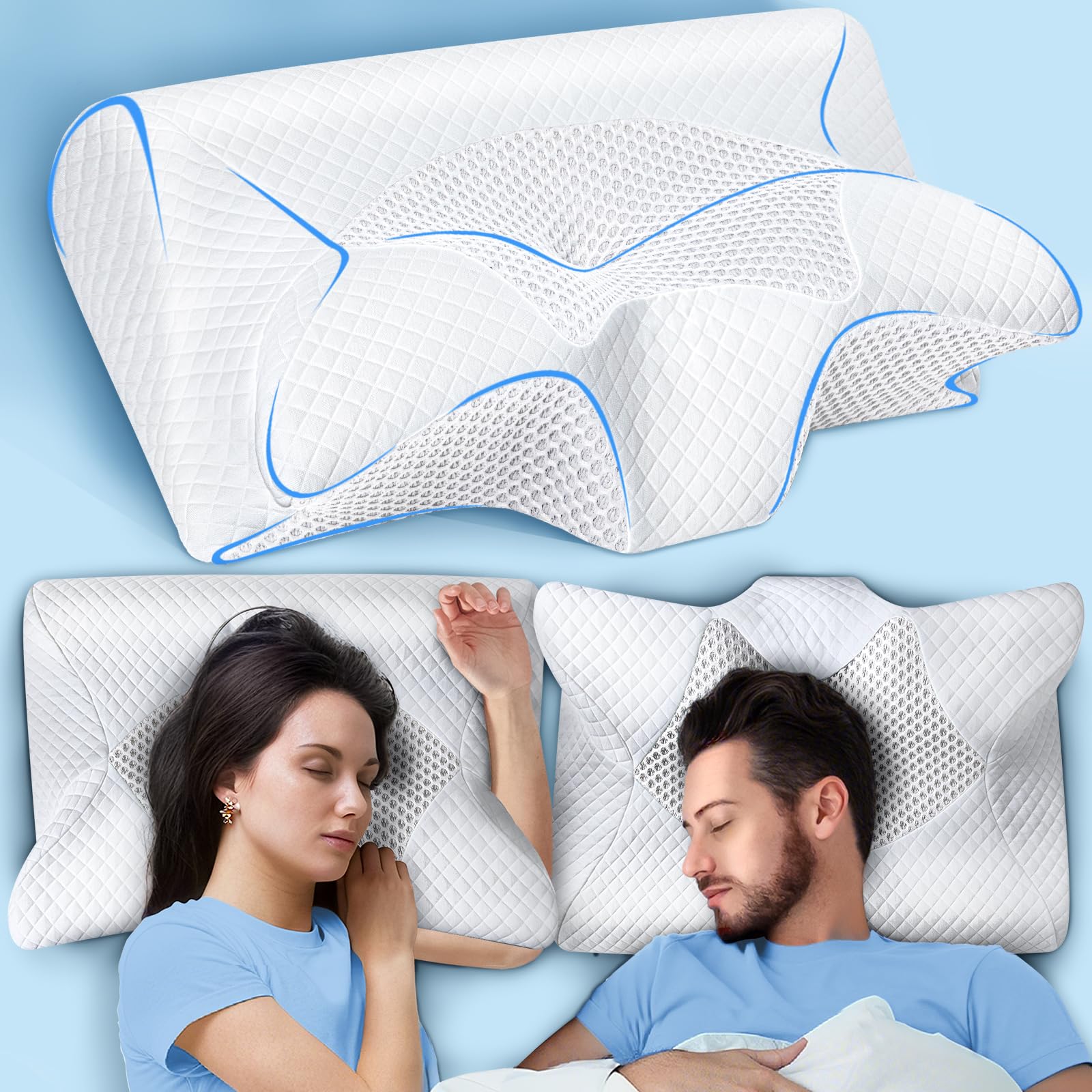 SAHEYER Cuscino Cervicale Memory Foam per Dormire Ortopedico Cuscino Antirussamento, 2 In 1 Cuscino Ergonomico per Chi Dorme Sulla Pancia, Sul Fianco e Sul Schiena, Bianco