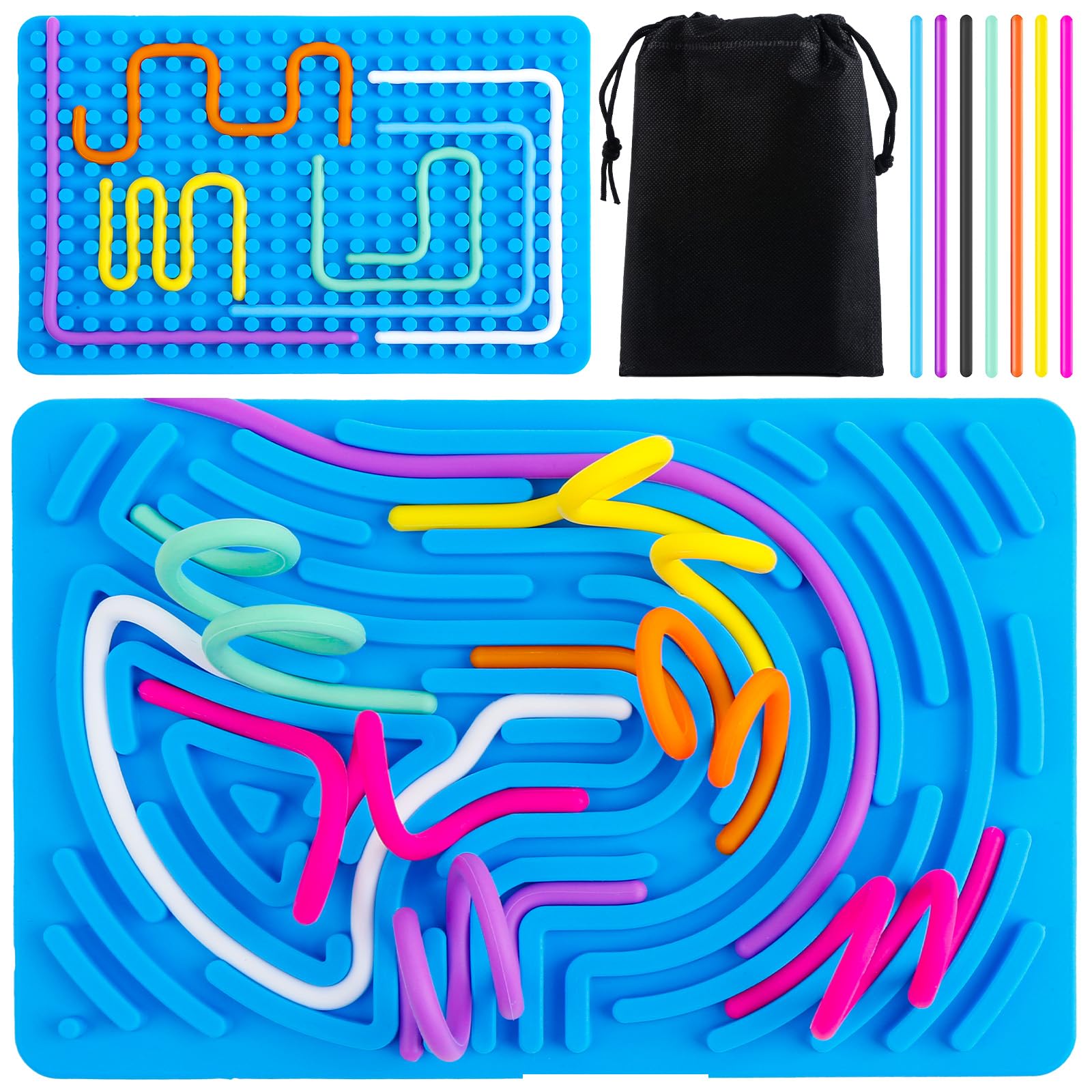 Sensory Activity Board, Fidget Toys for Kids, Silicone Double-sided Sensory Board with 20 Strings Portable Bag for Stress Relief Calming Focus, Blue