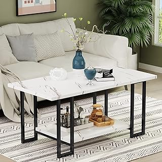 HOOSENG Marble Coffee Table, Faux Marble Top Rectangular Coffee Table with Black Metal Frame, 2 Tier Living Room Table for Living Room, Office, Balcony, White, 40 Inch