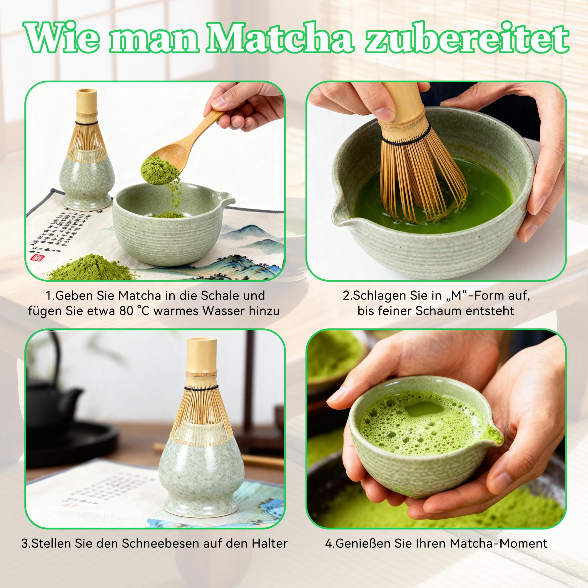 Matcha Set – Matcha Tee Zubehör – Matcha Schale – Matcha Besen – Matcha Schüssel mit Ausgießer Bambus Whisk – Japanisches Tee Set – 8-teiliges Matcha Tee Set für Liebhaber, Ozeanblau