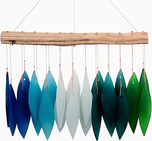 Blue Handworks Gradient Ocean Waterfall & Driftwood Glass Leaves Chime - Sandblasted Glass and Found Wood Handcrafted Wind Chime