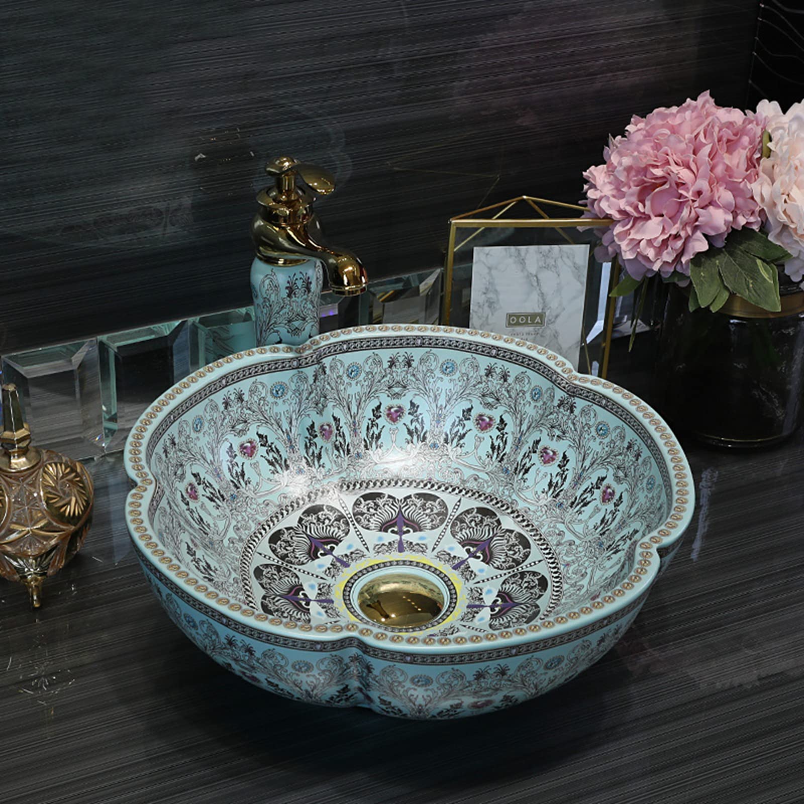 Lavabo de cerámica azul claro con diseño de flores para bar y armario pequeño, 1 encimera para baño