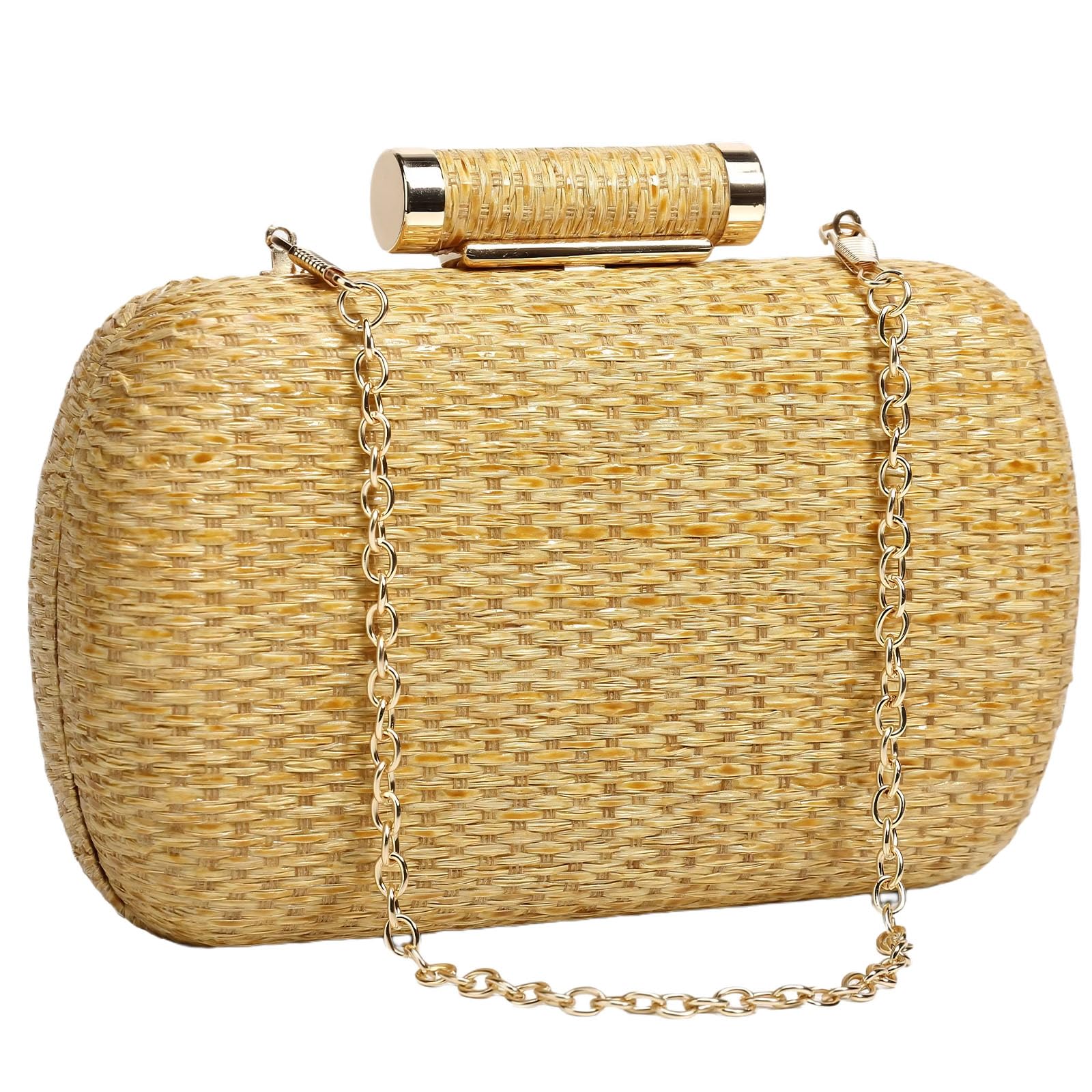 Pochette in paglia da donna, borsa da sera intrecciata con catena dorata e tracolla staccabile, borsa a tracolla marrone fatta a mano per matrimoni e feste, accessorio estivo versatile